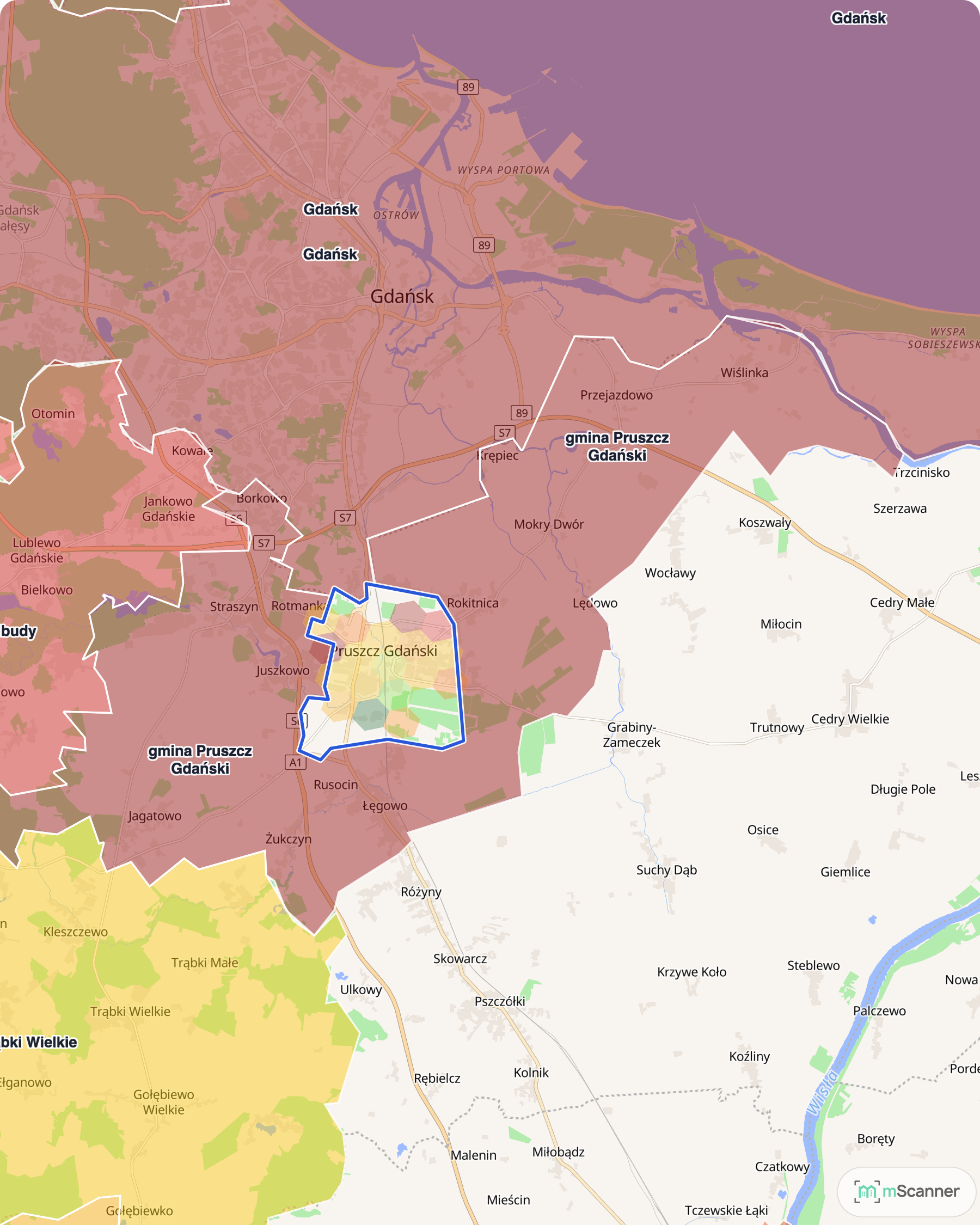 Mapa Pruszcza Gdańskiego i otaczającej go gminy wiejskiej z niebieską granicą administracyjną miasta i siatką sześciokątów pokolorowanych według mediany ceny transakcyjnej, na południe od Gdańska
