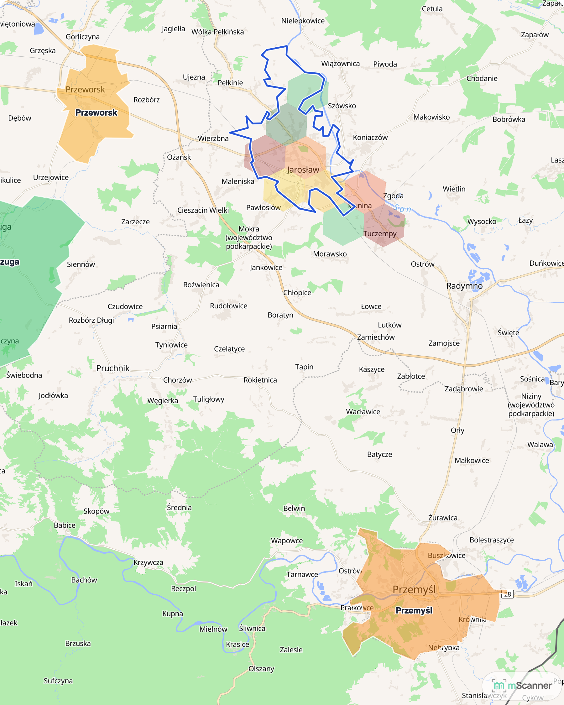 Mapa trzech miast wschodniego Podkarpacia z niebieską granicą administracyjną Jarosławia i sąsiednimi gminami pokolorowanymi według mediany ceny transakcyjnej mieszkań