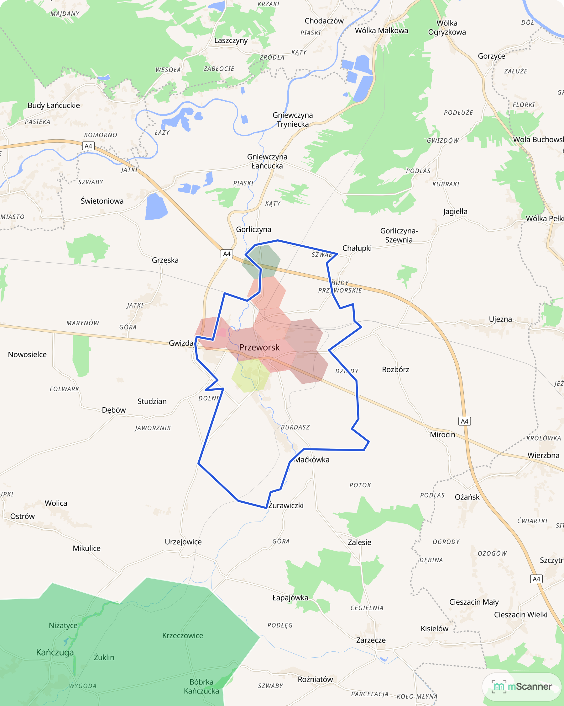 Mapa Przeworska z niebieską granicą administracyjną i sześciokątami pokolorowanymi według mediany ceny transakcyjnej mieszkań, przy trasie na Rzeszów