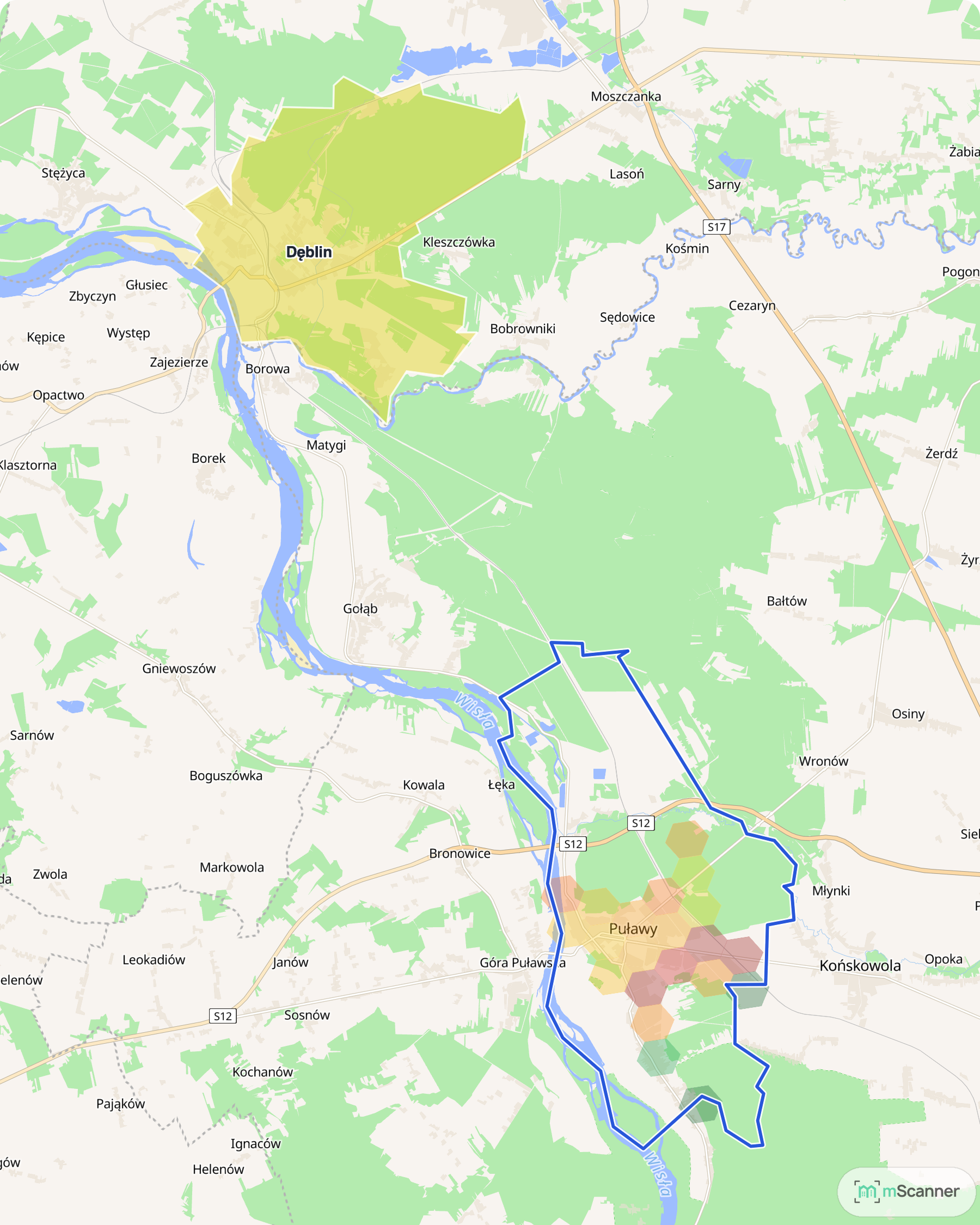 Mapa cen transakcyjnych mieszkań między Wisłą a Wieprzem, z niebieskim obrysem granic Puław na południu i Dęblinem na północy.