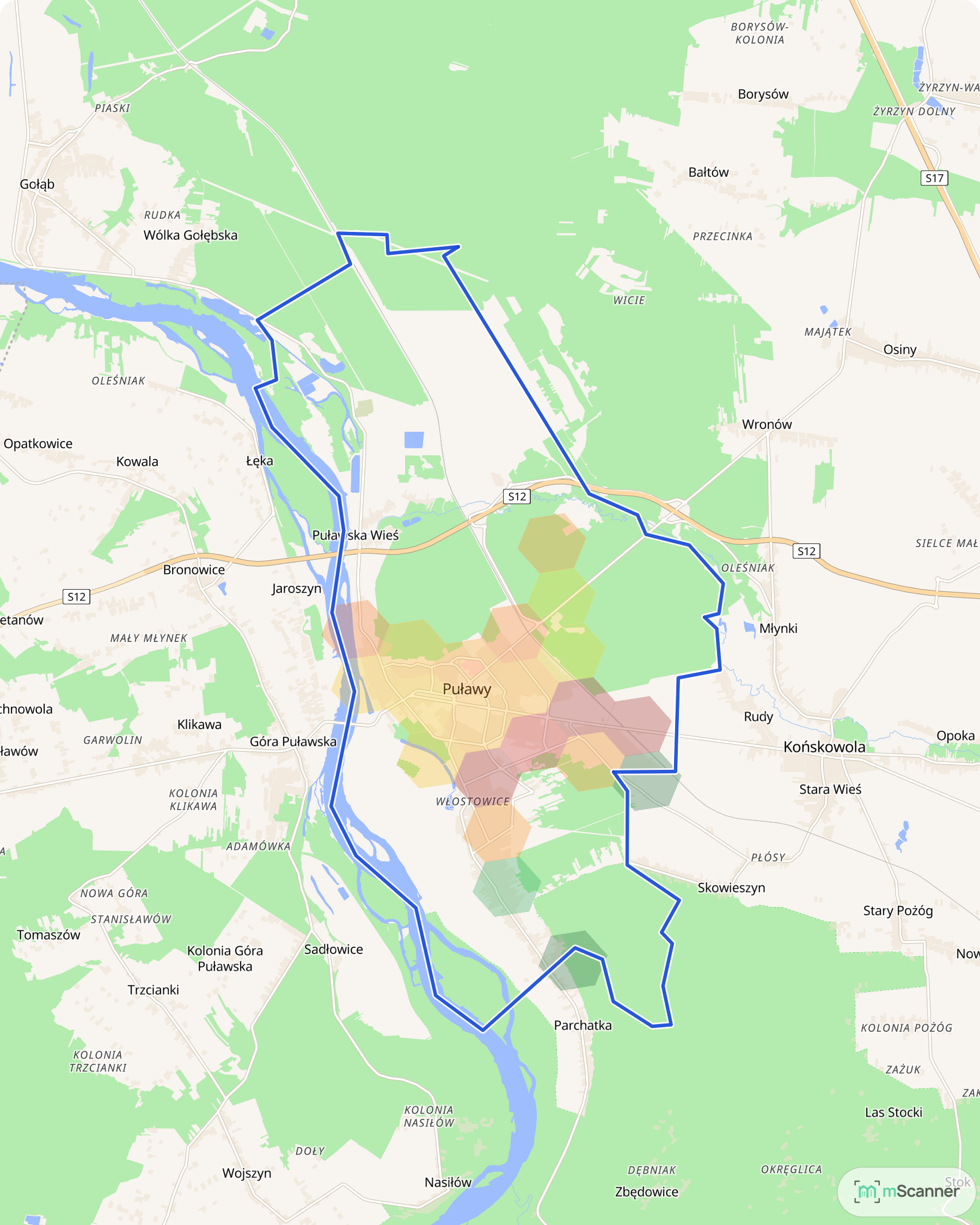 Mapa cen transakcyjnych mieszkań w Puławach, z niebieskim obrysem granic miasta i kolorowymi polami cen po obu stronach Wisły.