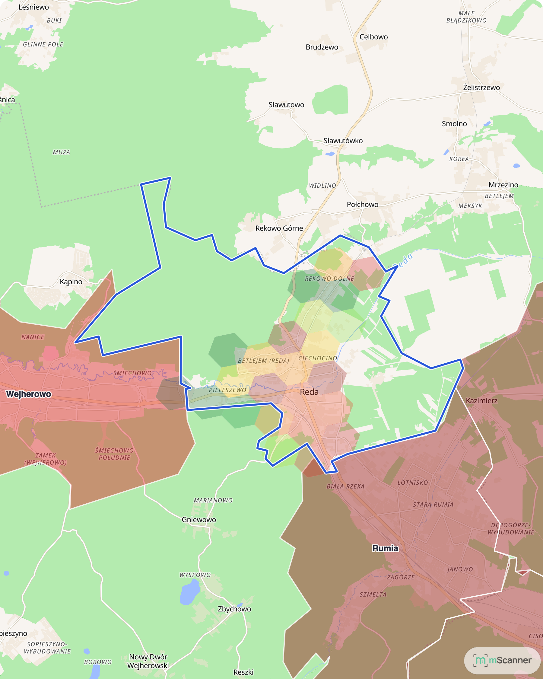 Mapa Redy z niebieską granicą administracyjną miasta i siatką sześciokątów pokolorowanych według mediany ceny transakcyjnej, wzdłuż doliny Redy i linii kolejowej