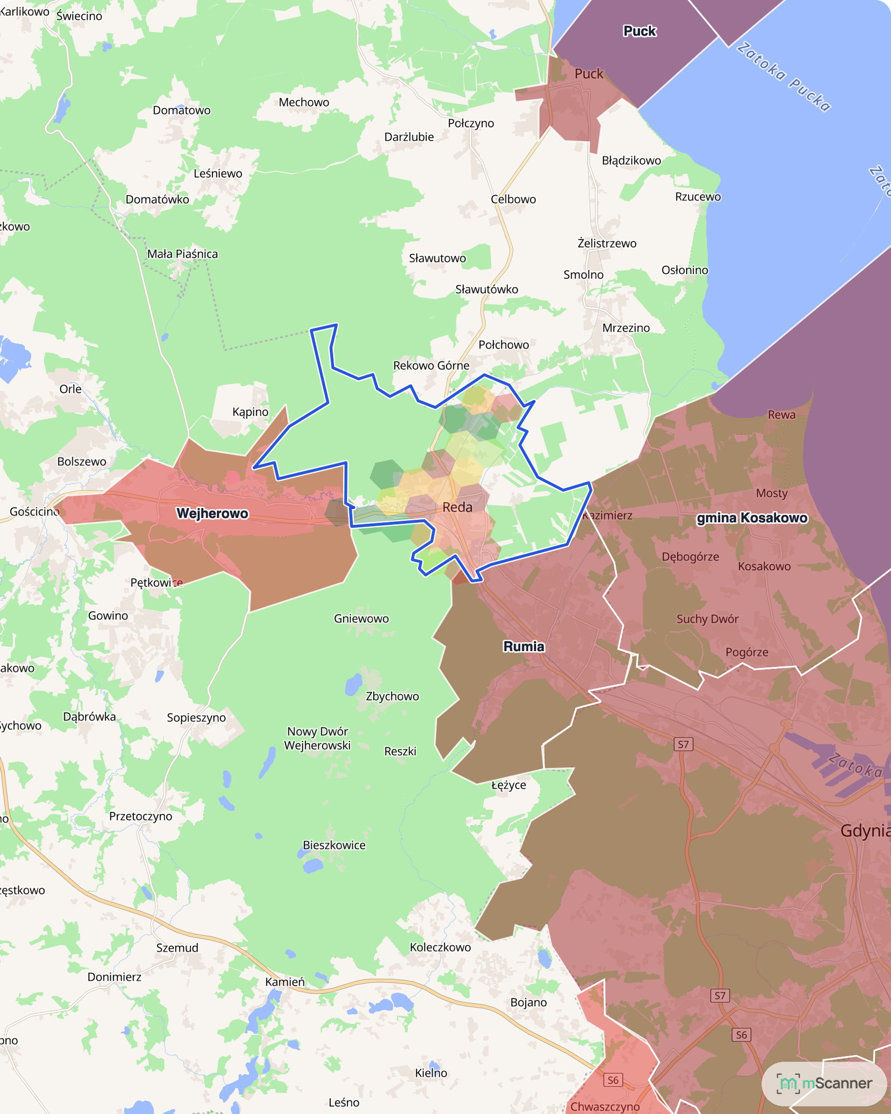 Mapa korytarza na północ od Gdyni z niebieską granicą Redy pośrodku i siatką cen transakcyjnych, obejmująca Kosakowo nad Zatoką Pucką, Rumię, Redę i Wejherowo
