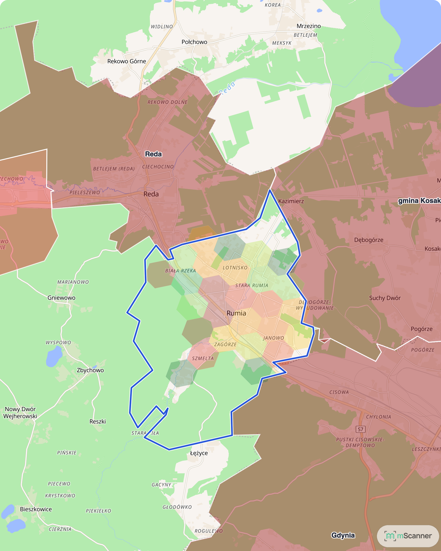 Mapa Rumi z niebieską granicą administracyjną miasta i siatką sześciokątów pokolorowanych według mediany ceny transakcyjnej, z ciemniejszymi polami w rejonie Janowa i jaśniejszymi na południu