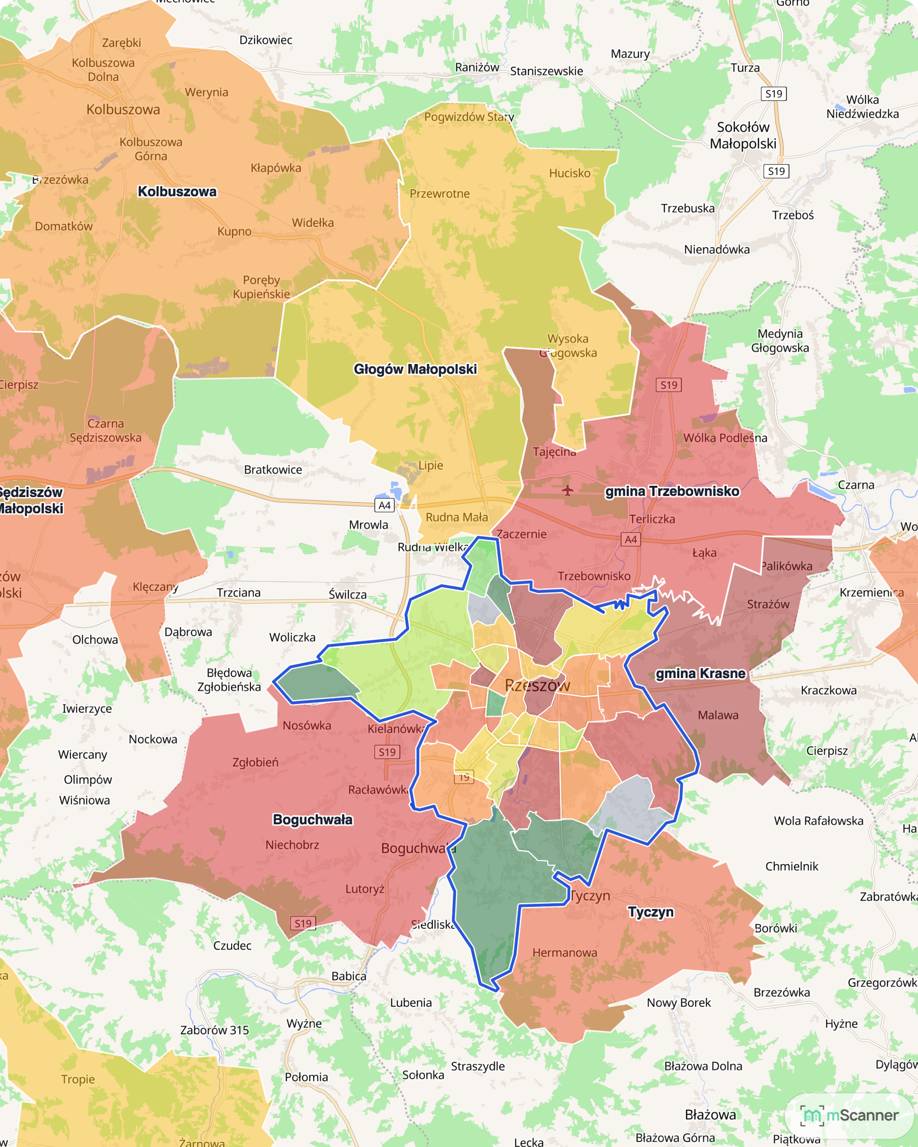 Mapa obwarzanka rzeszowskiego z Rzeszowem w środku i sąsiednimi gminami pokolorowanymi według mediany ceny transakcyjnej mieszkań, z niebieską granicą administracyjną miasta