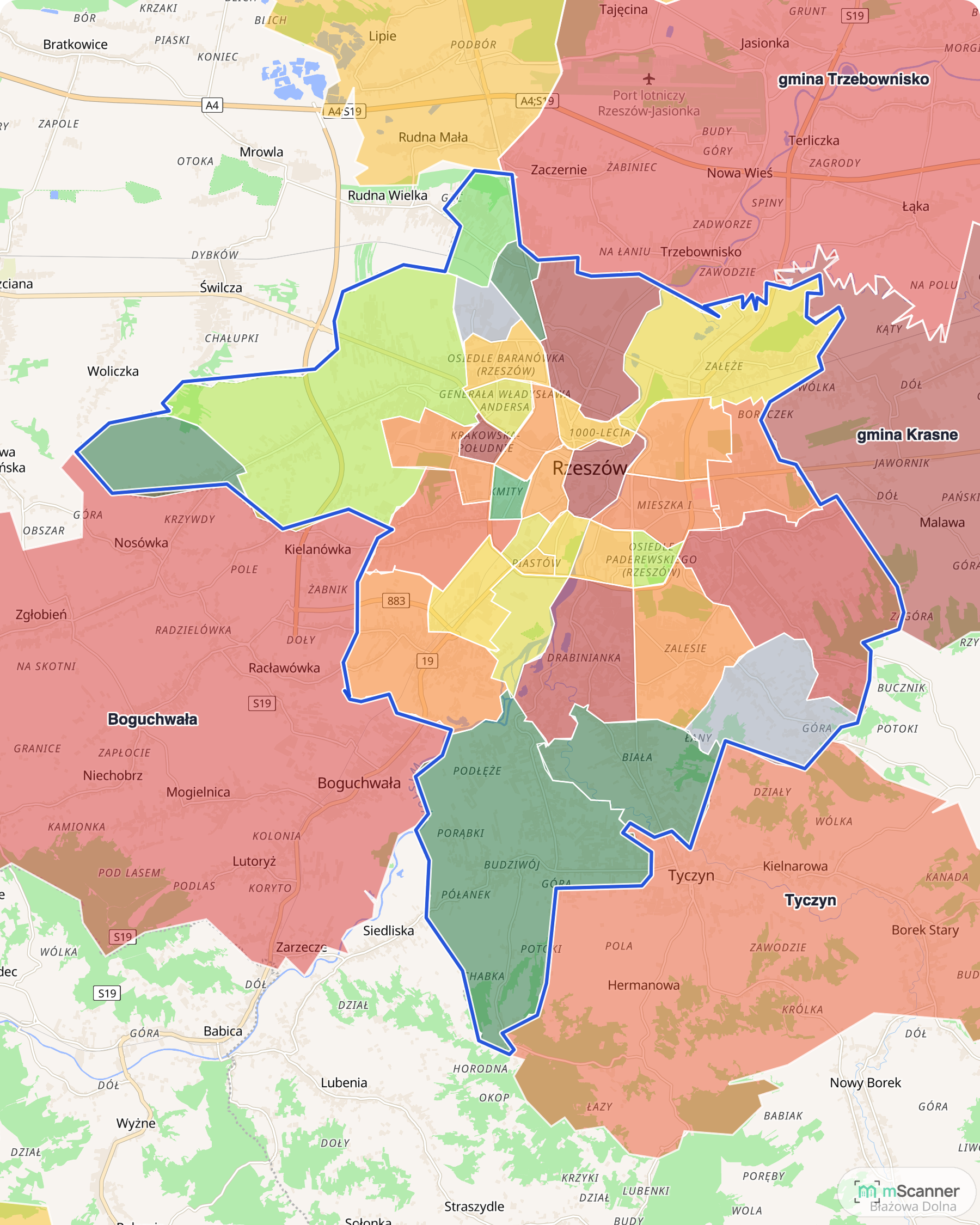 Mapa Rzeszowa z niebieską granicą administracyjną i osiedlami pokolorowanymi według mediany ceny transakcyjnej mieszkań, od zieleni w Budziwoju i Białej po czerwień w śródmieściu i na Staromieściu