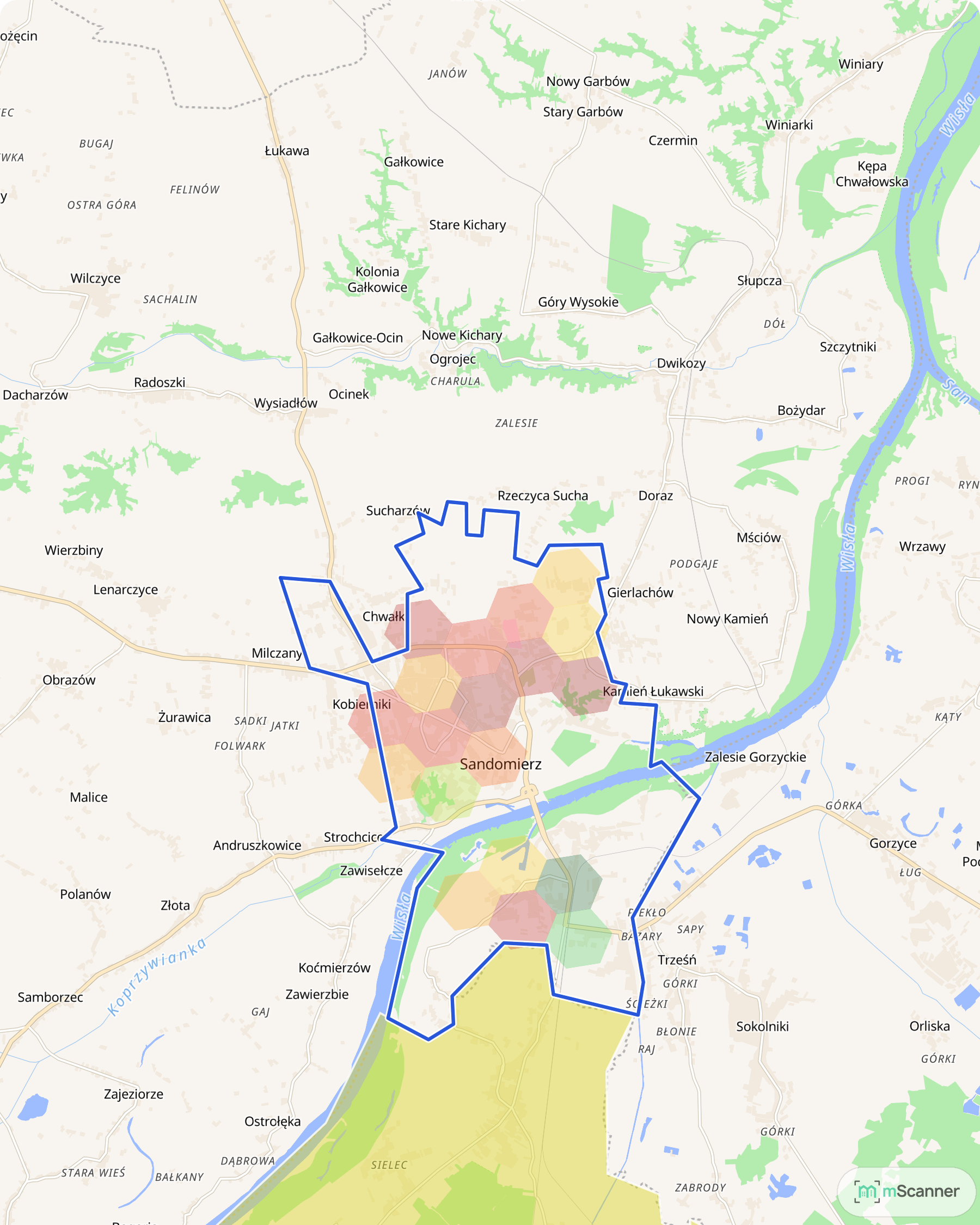 Mapa cen transakcyjnych mieszkań w Sandomierzu, z niebieskim obrysem granic miasta nad Wisłą i polami cen po obu stronach rzeki.