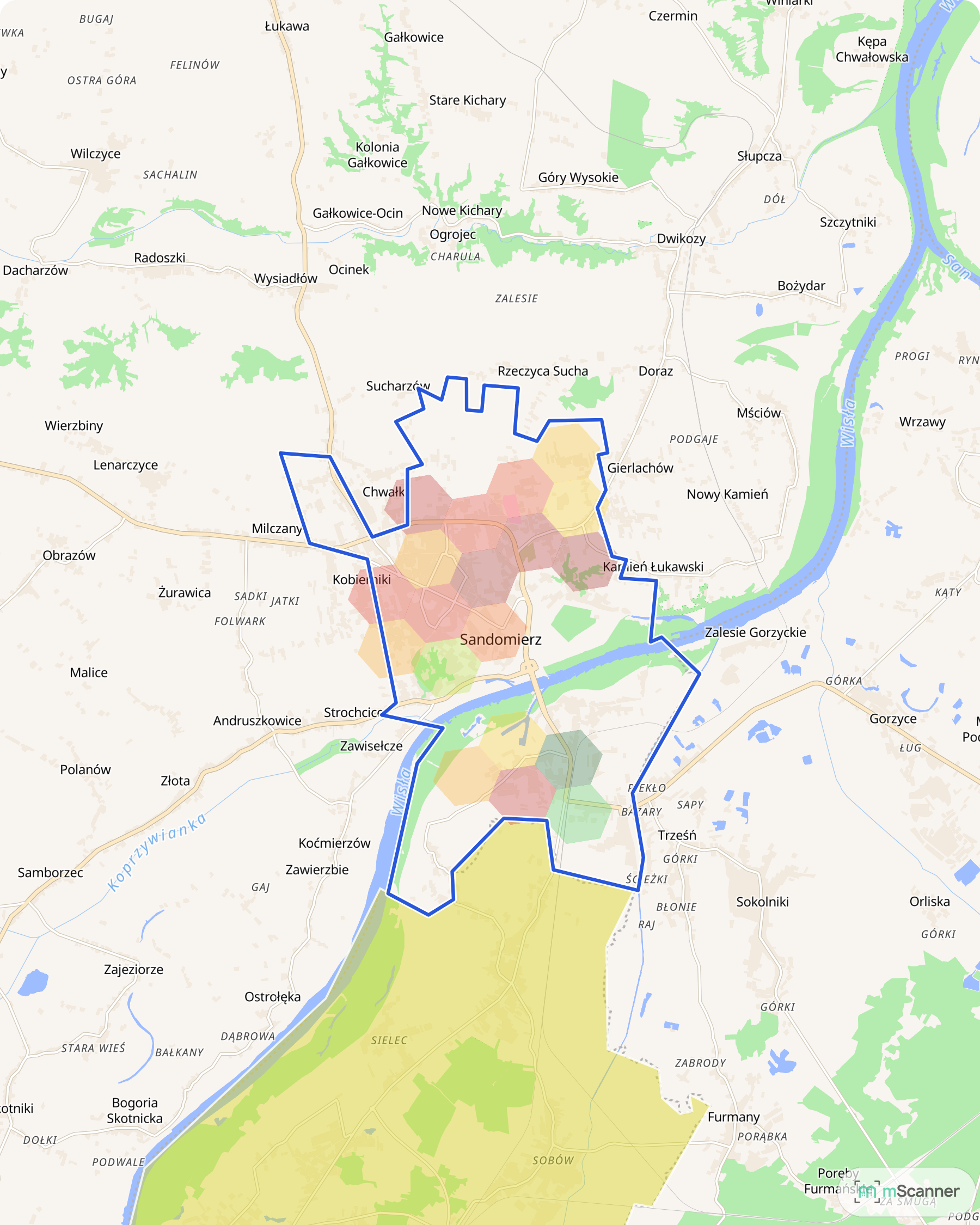 Mapa cen transakcyjnych mieszkań w Sandomierzu, z niebieskim obrysem granic miasta nad Wisłą i najciemniejszym polem cen przy Energetycznej.