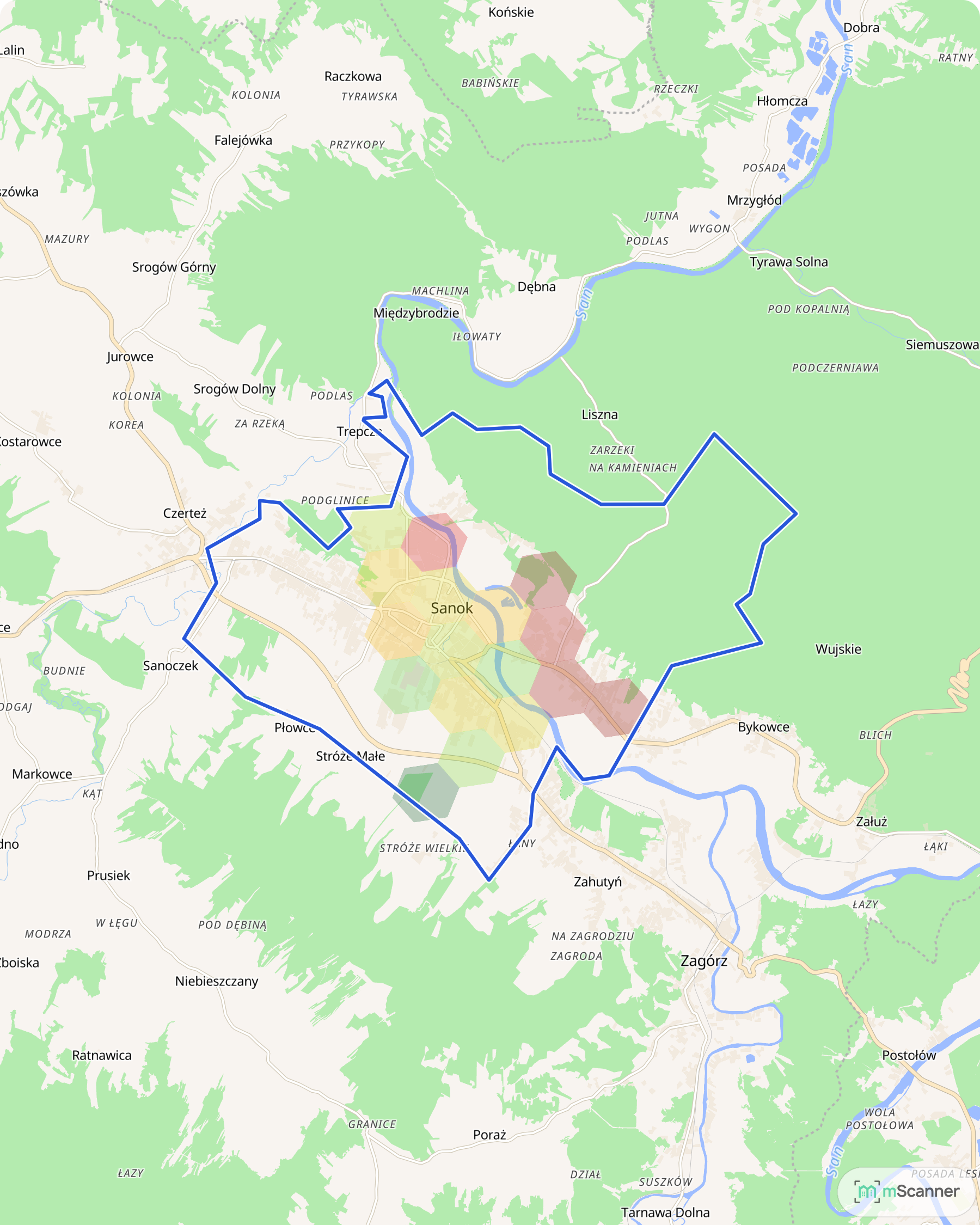 Mapa Sanoka z niebieską granicą administracyjną i sześciokątami pokolorowanymi według mediany ceny transakcyjnej mieszkań, nad Sanem u wrót Bieszczadów