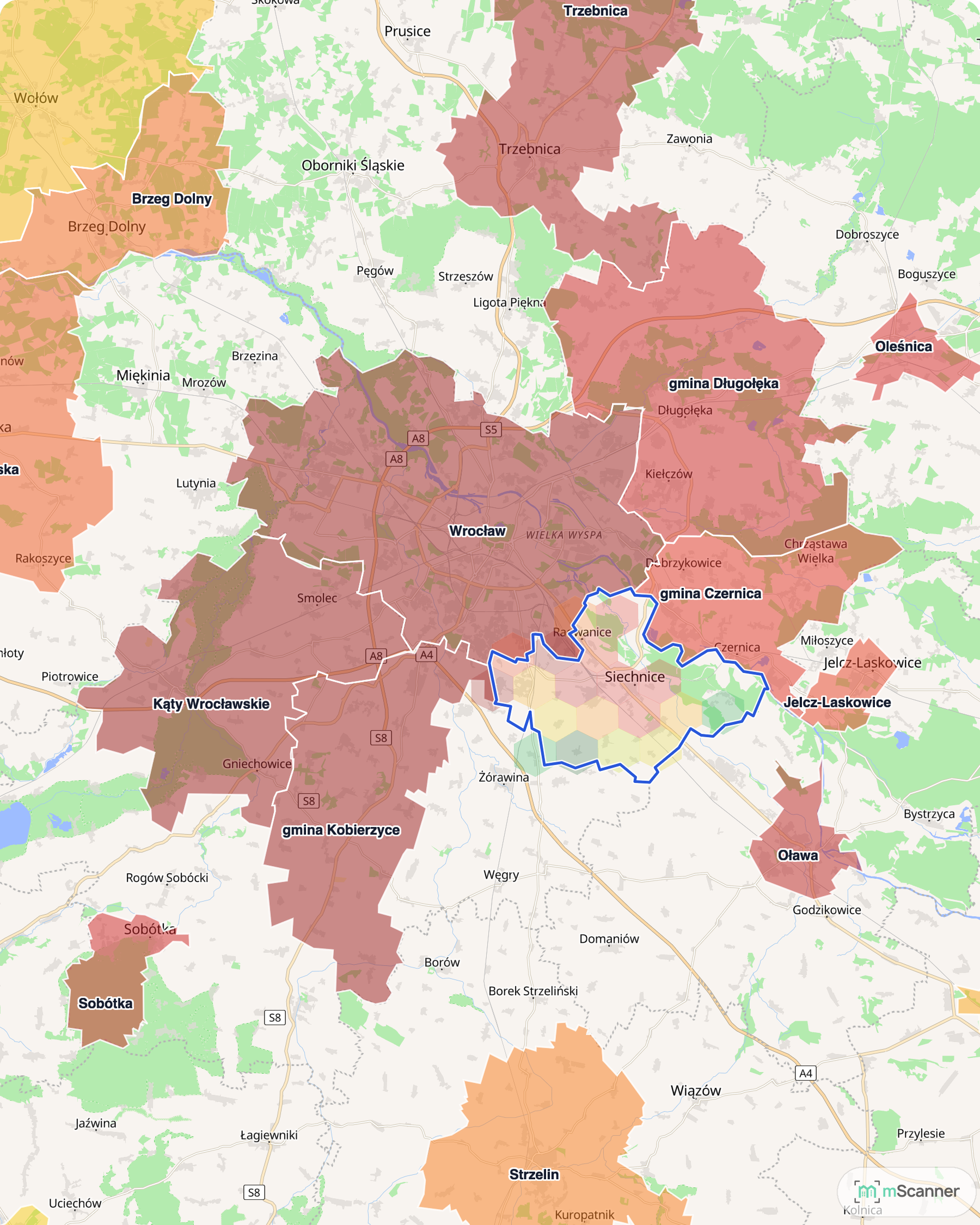 Mapa cen transakcyjnych mieszkań w obwarzanku wrocławskim, z niebieskim obrysem granic i kolorowanymi obszarami cen.