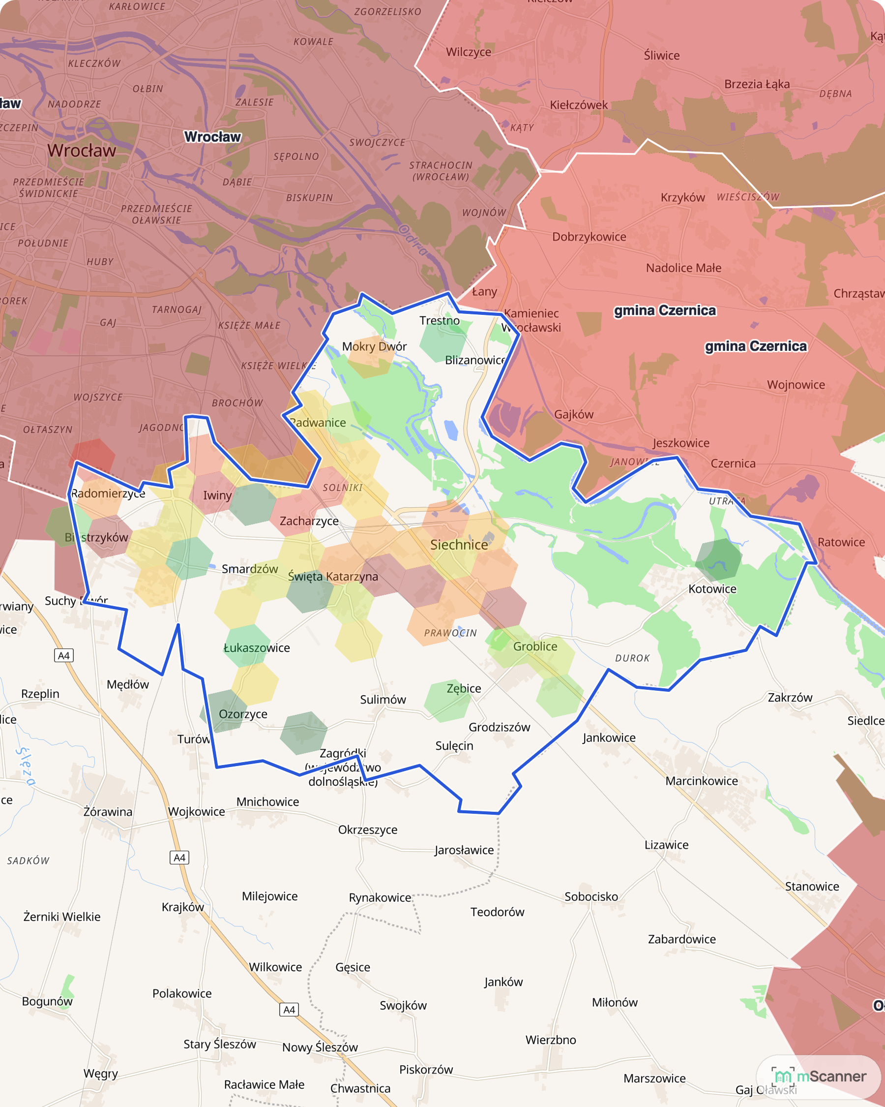 Mapa cen transakcyjnych mieszkań w gminie Siechnice, z niebieskim obrysem granic i kolorowanymi obszarami cen.