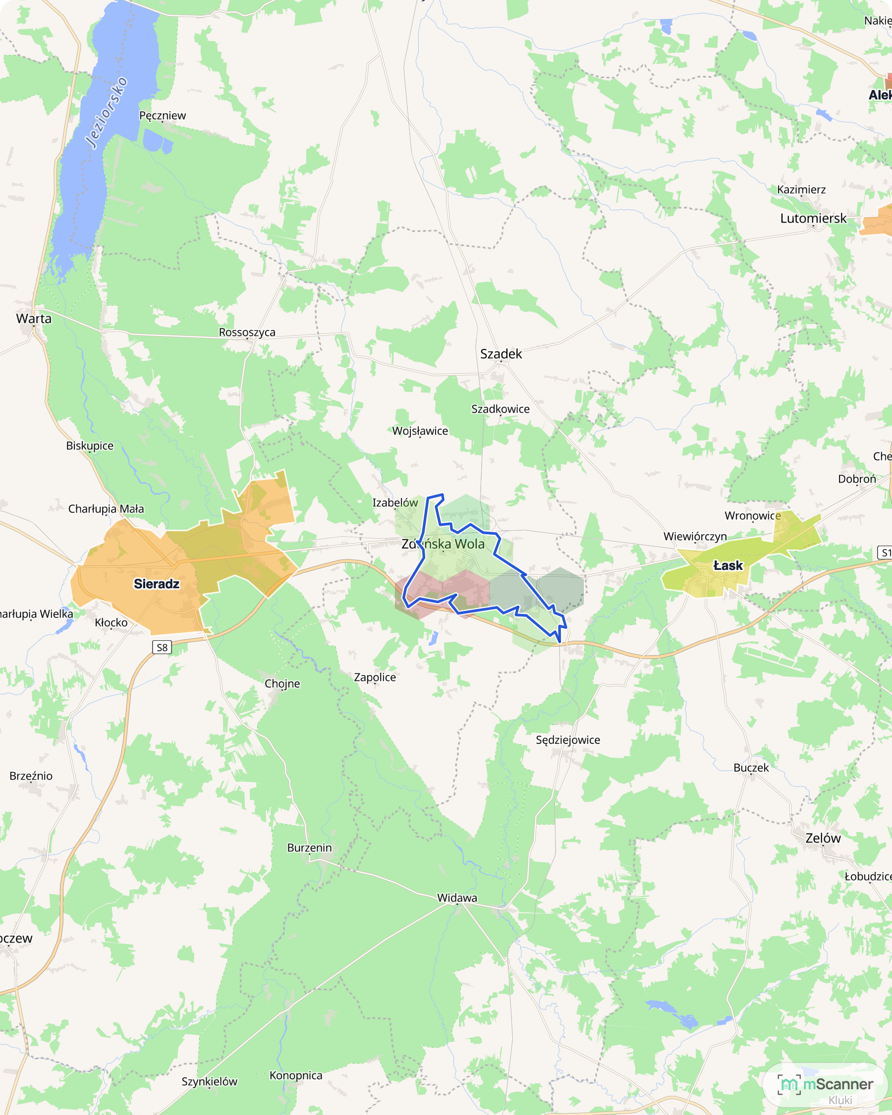 Mapa trzech miast wzdłuż drogi S8, od Sieradza przez Zduńską Wolę do Łasku, każde wypełnione kolorem odpowiadającym poziomowi cen, ze Zduńską Wolą obrysowaną niebieską granicą i pokrytą sześciokątnymi polami cen transakcyjnych