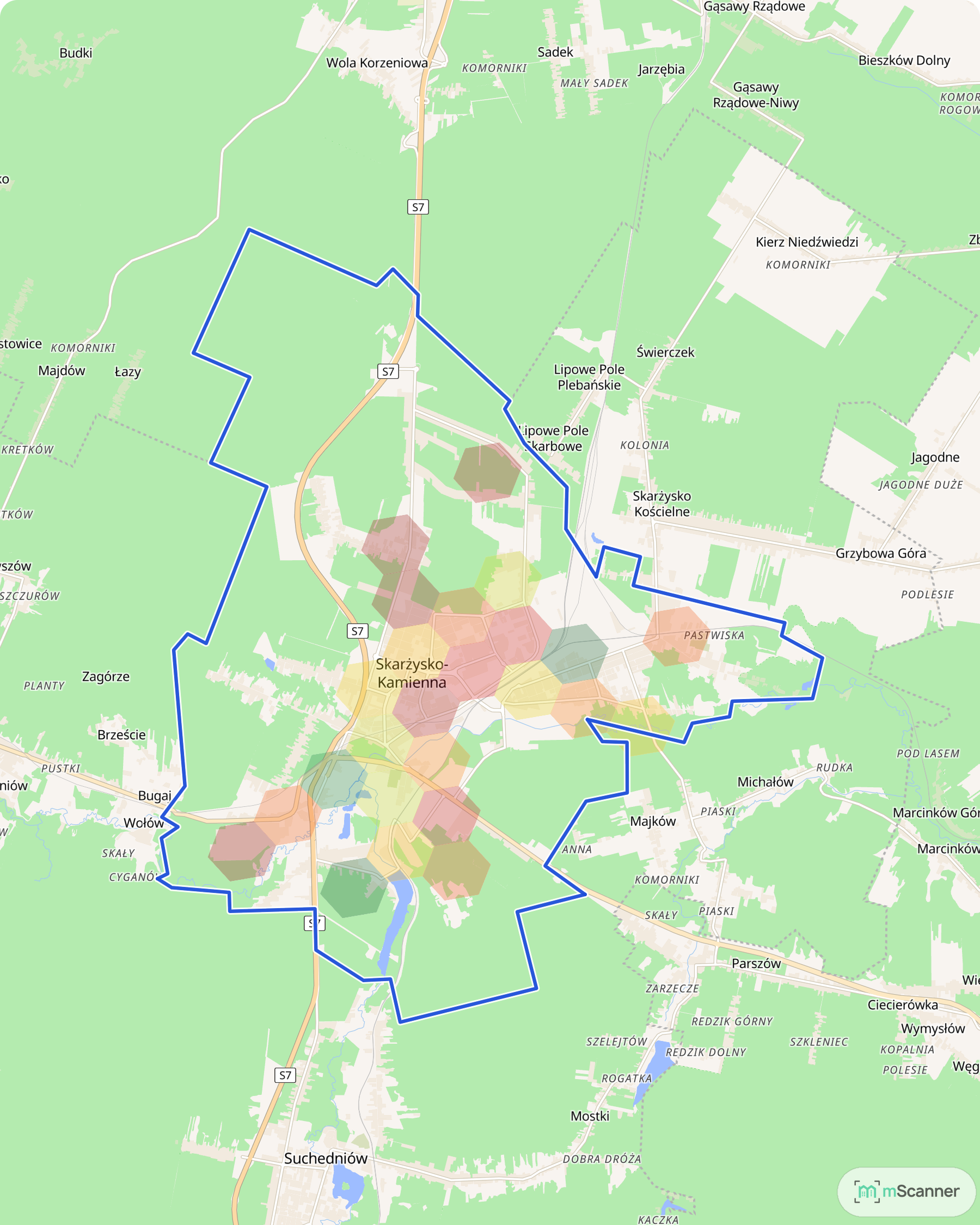 Mapa cen transakcyjnych mieszkań w Skarżysku-Kamiennej, z niebieskim obrysem granic miasta i polami cen ciągnącymi się wzdłuż linii kolejowej przez całe miasto.