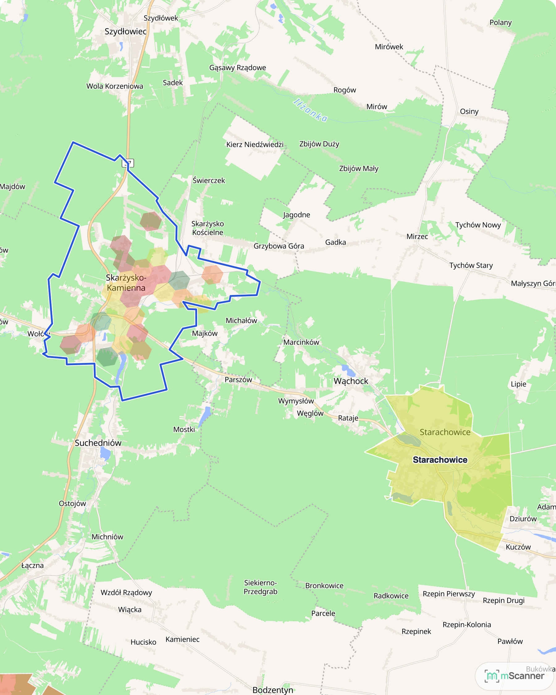 Mapa cen transakcyjnych mieszkań w północnej części województwa świętokrzyskiego. Skarżysko-Kamienna z niebieskim obrysem granic miasta po zachodniej stronie, Starachowice na wschodzie.