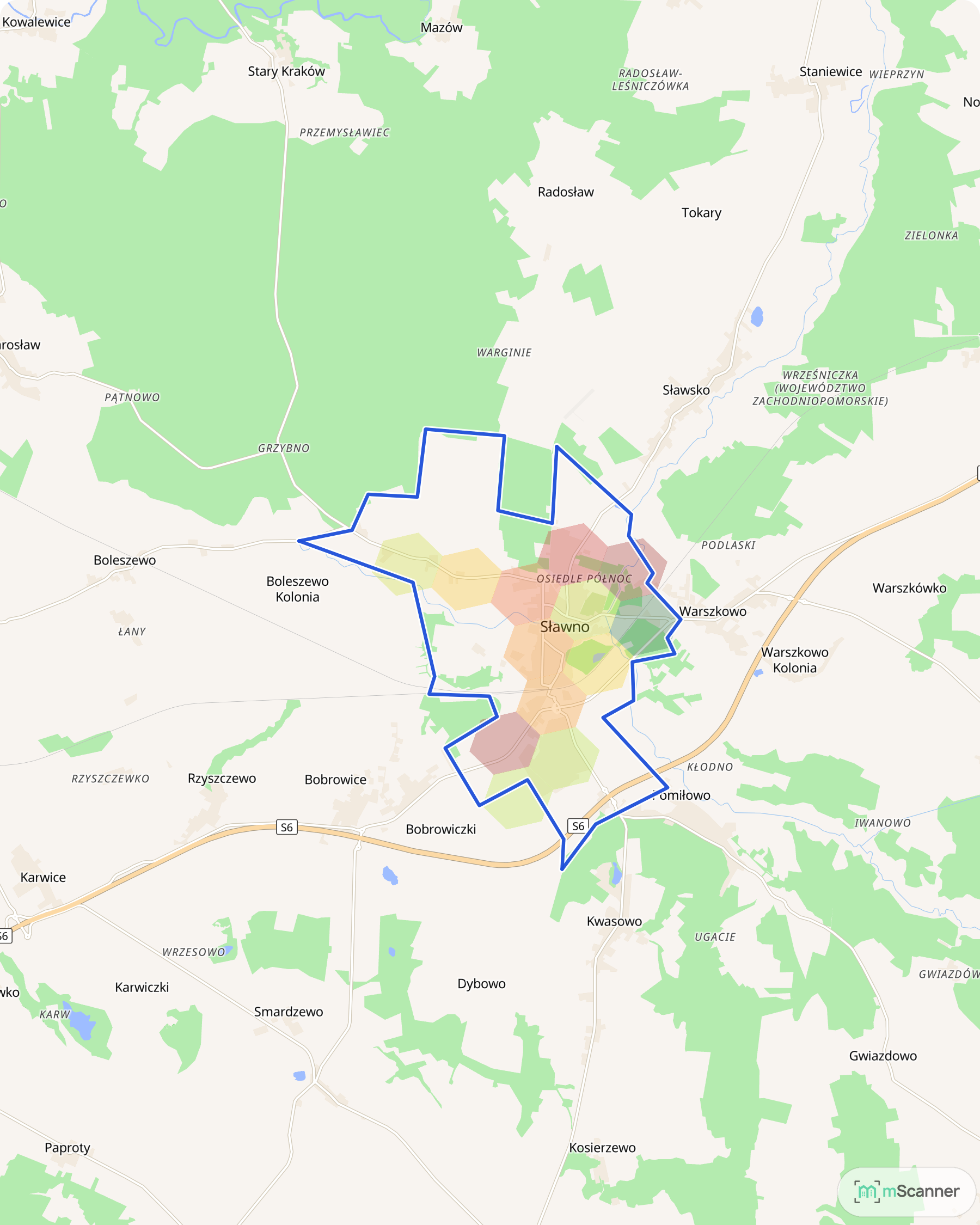 Mapa cen transakcyjnych mieszkań w Sławnie, z niebieskim obrysem granic i kolorowanymi obszarami cen.