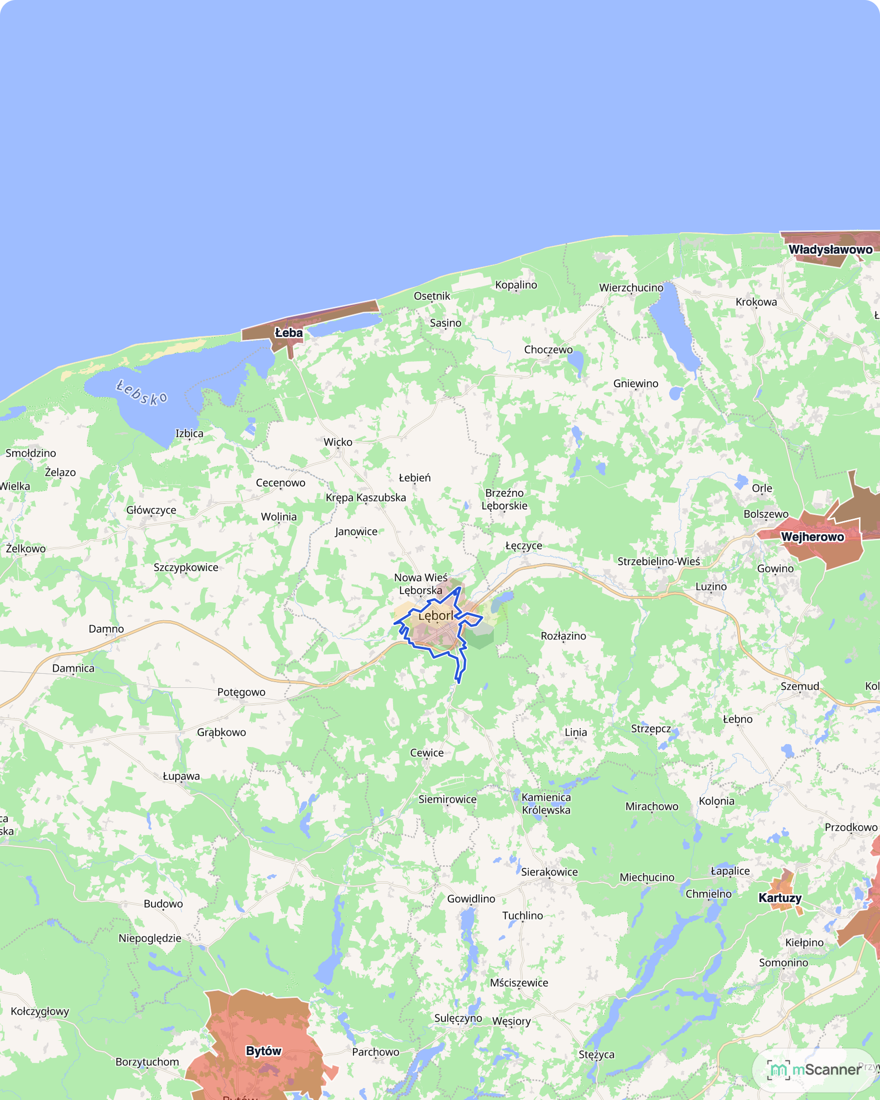 Mapa ziemi słupskiej i lęborskiej z niebieską granicą Lęborka pośrodku i siatką cen transakcyjnych, obejmująca Słupsk na zachodzie, Ustkę na wybrzeżu i Łebę na wschodzie