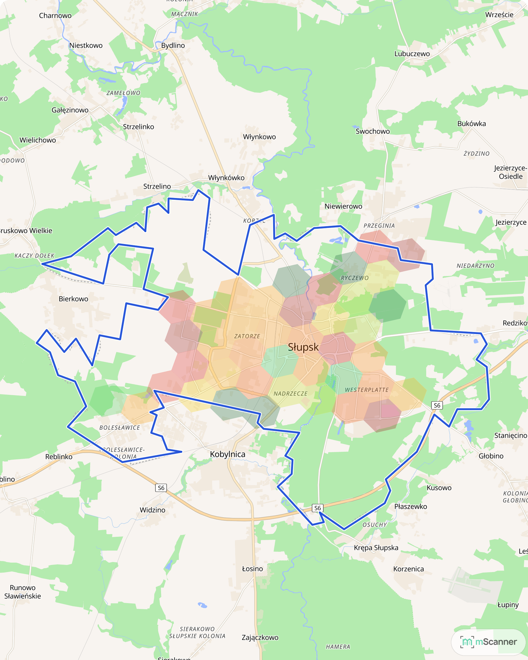 Mapa Słupska z niebieską granicą administracyjną miasta i siatką sześciokątów pokolorowanych według mediany ceny transakcyjnej, od zielonych na obrzeżach po czerwone i pomarańczowe w centrum i na Zatorzu