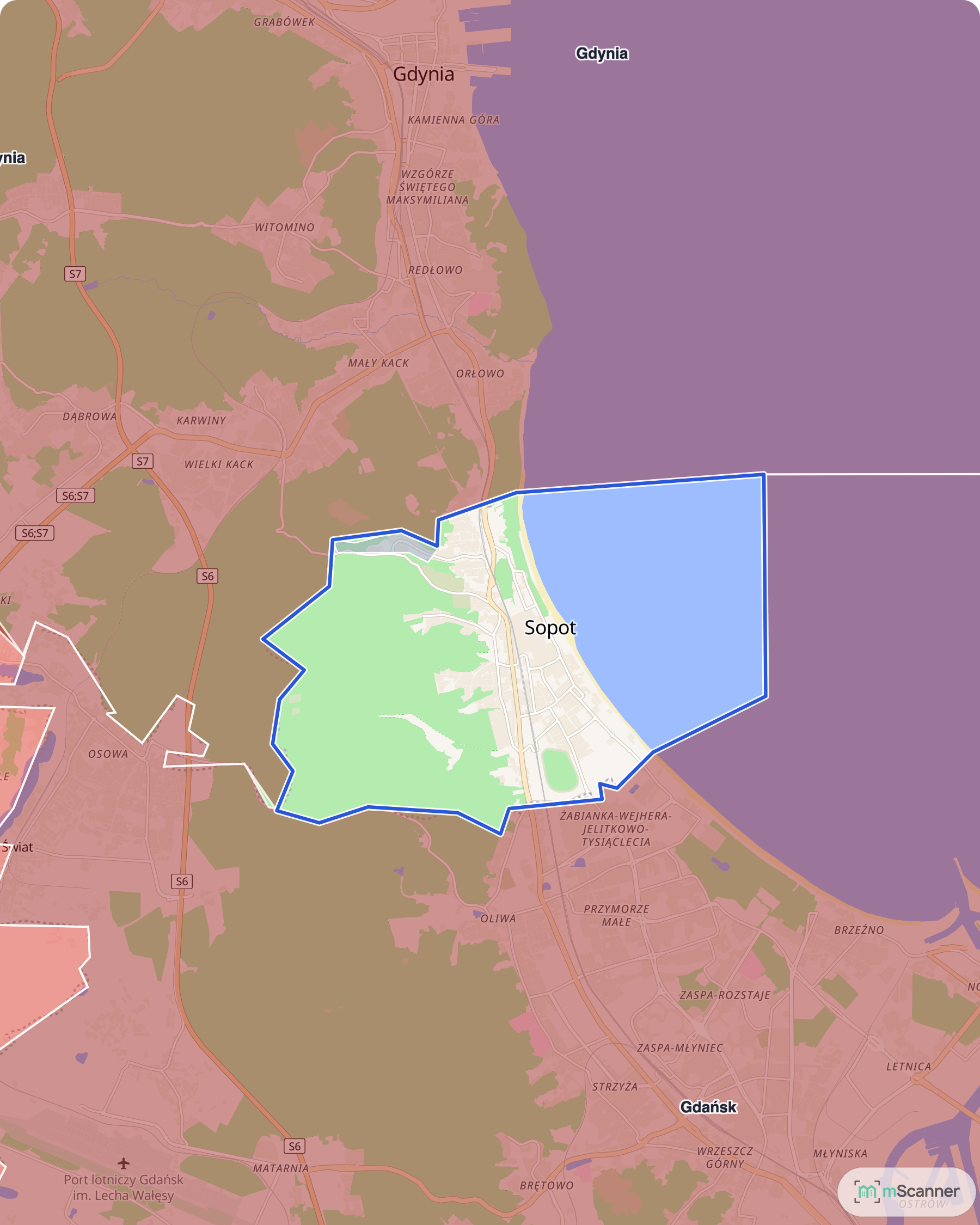 Mapa Sopotu z niebieską granicą administracyjną miasta i siatką cen transakcyjnych, wciśnięta między Gdynię od północy i Gdańsk od południa, z Zatoką Gdańską po wschodniej stronie