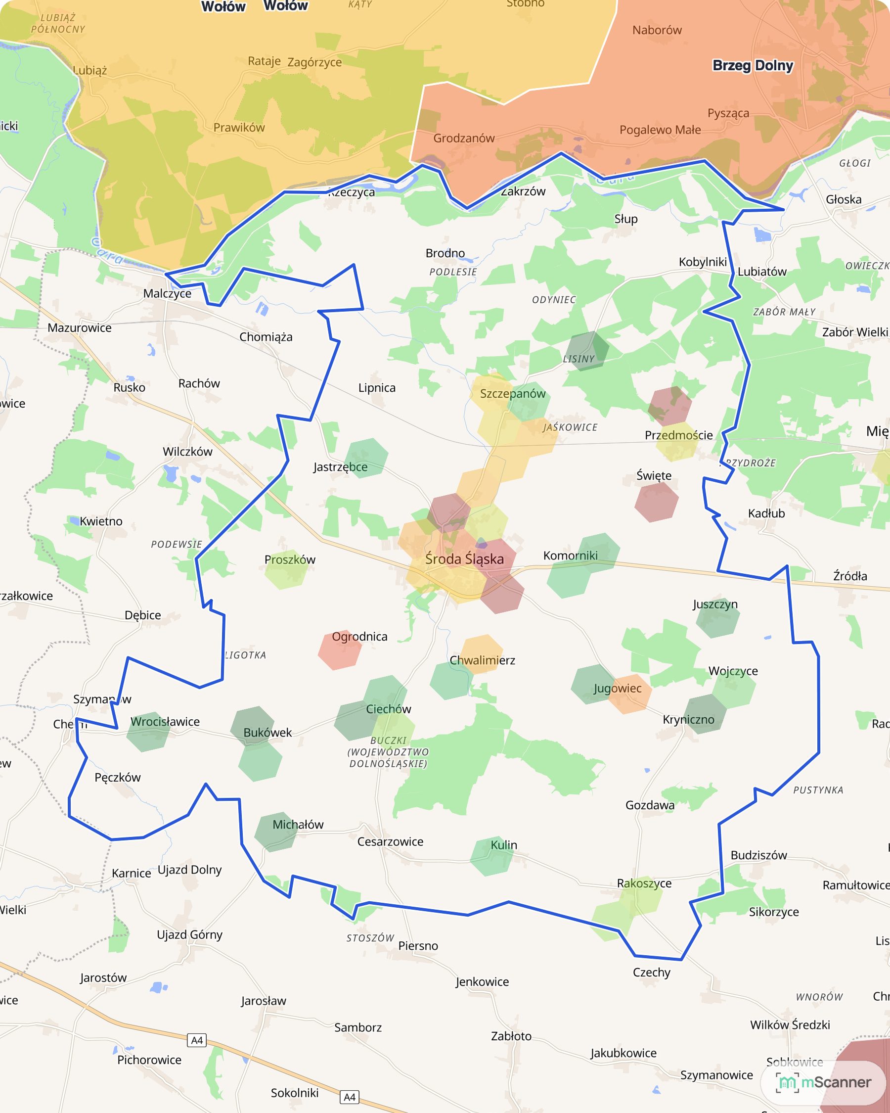 Mapa cen transakcyjnych mieszkań w gminie Środa Śląska, z niebieskim obrysem granic i kolorowanymi obszarami cen.