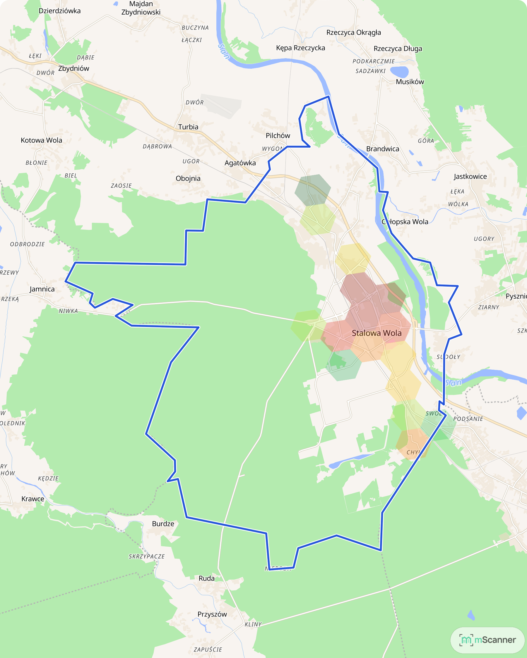 Mapa Stalowej Woli z niebieską granicą administracyjną i sześciokątami pokolorowanymi według mediany ceny transakcyjnej mieszkań, z zabudową skupioną między Sanem a terenami przemysłowymi