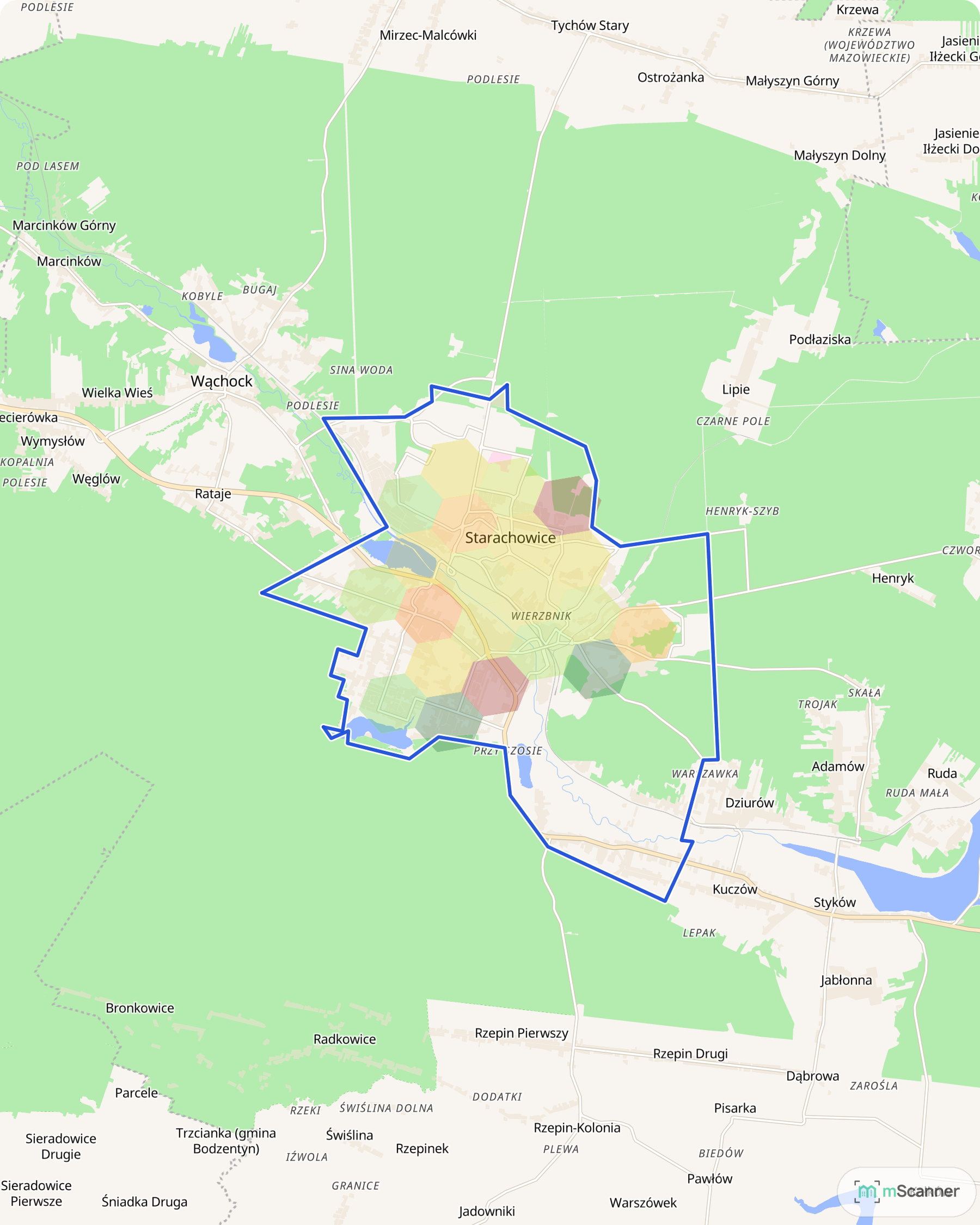 Mapa cen transakcyjnych mieszkań w Starachowicach, z niebieskim obrysem granic miasta i równomiernie rozłożonymi polami cen po obu stronach Kamiennej.