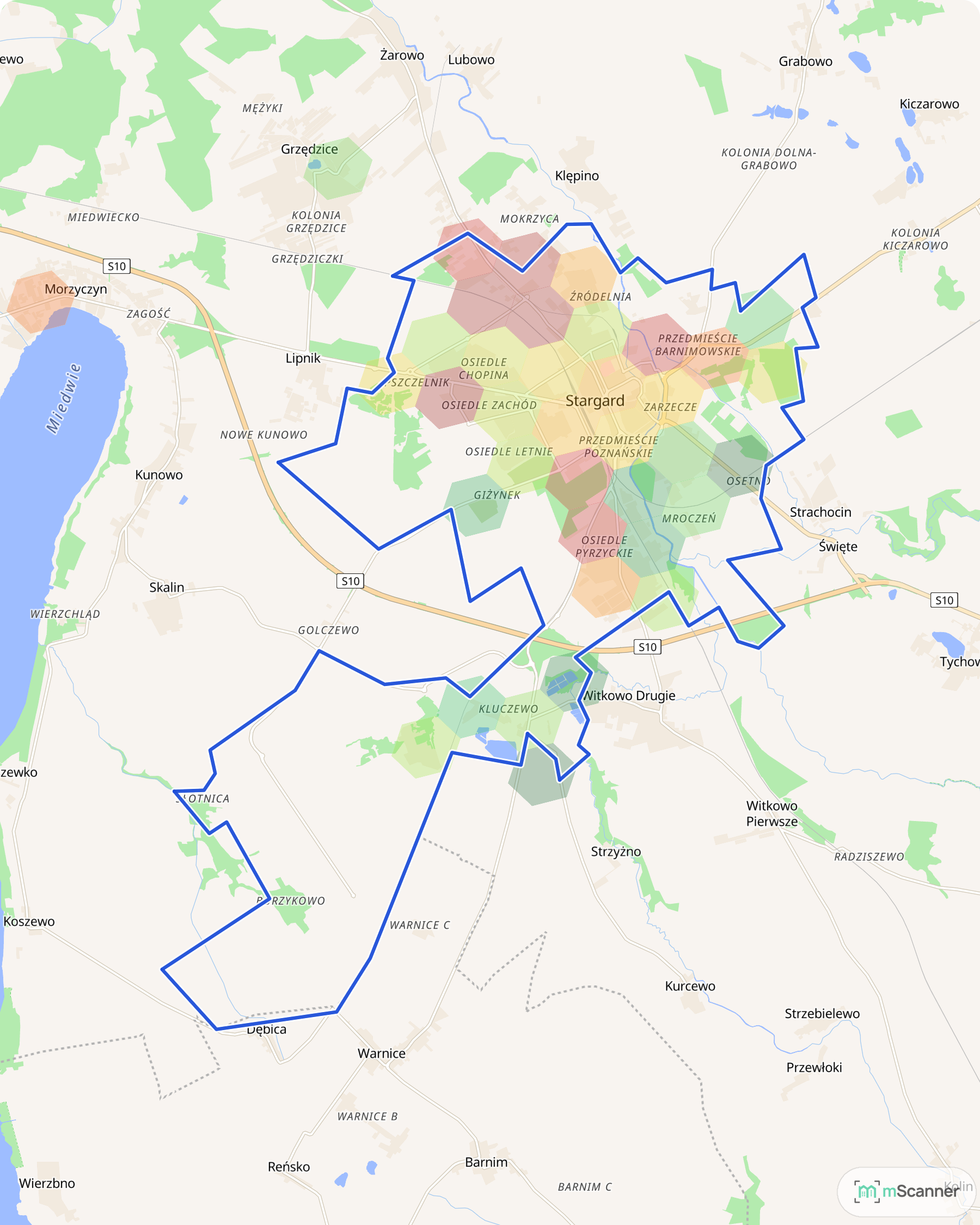 Mapa cen transakcyjnych mieszkań w Stargardzie, z niebieskim obrysem granic i kolorowanymi obszarami cen.