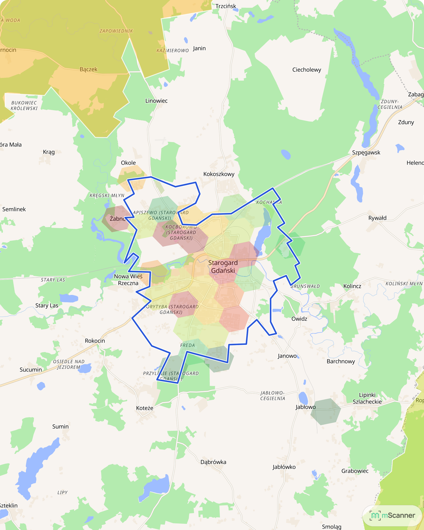 Mapa Starogardu Gdańskiego z niebieską granicą administracyjną miasta i siatką sześciokątów pokolorowanych według mediany ceny transakcyjnej, nad Wierzycą