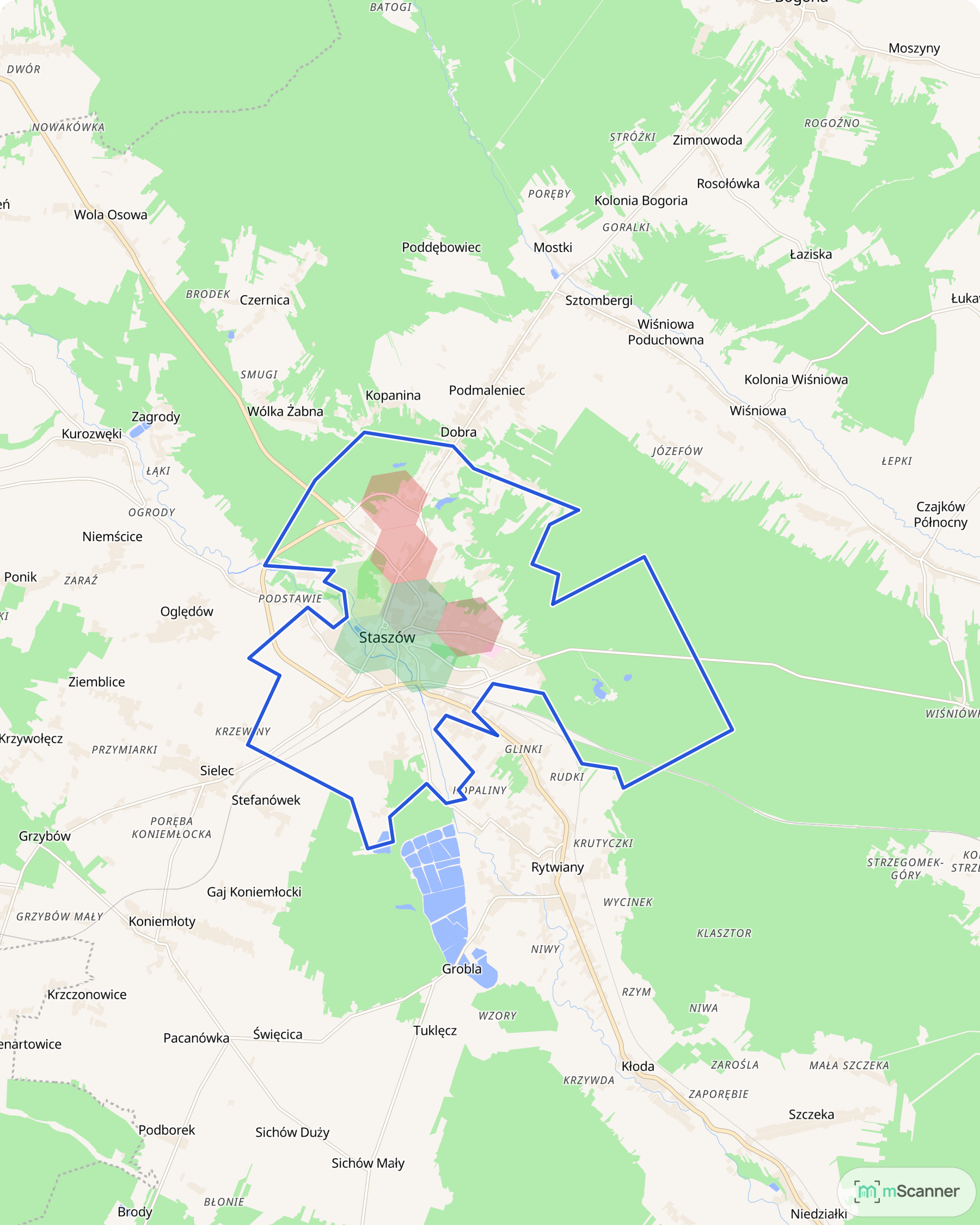 Mapa cen transakcyjnych mieszkań w Staszowie, z niebieskim obrysem granic miasta i pojedynczymi polami cen w jego północno-zachodniej części.