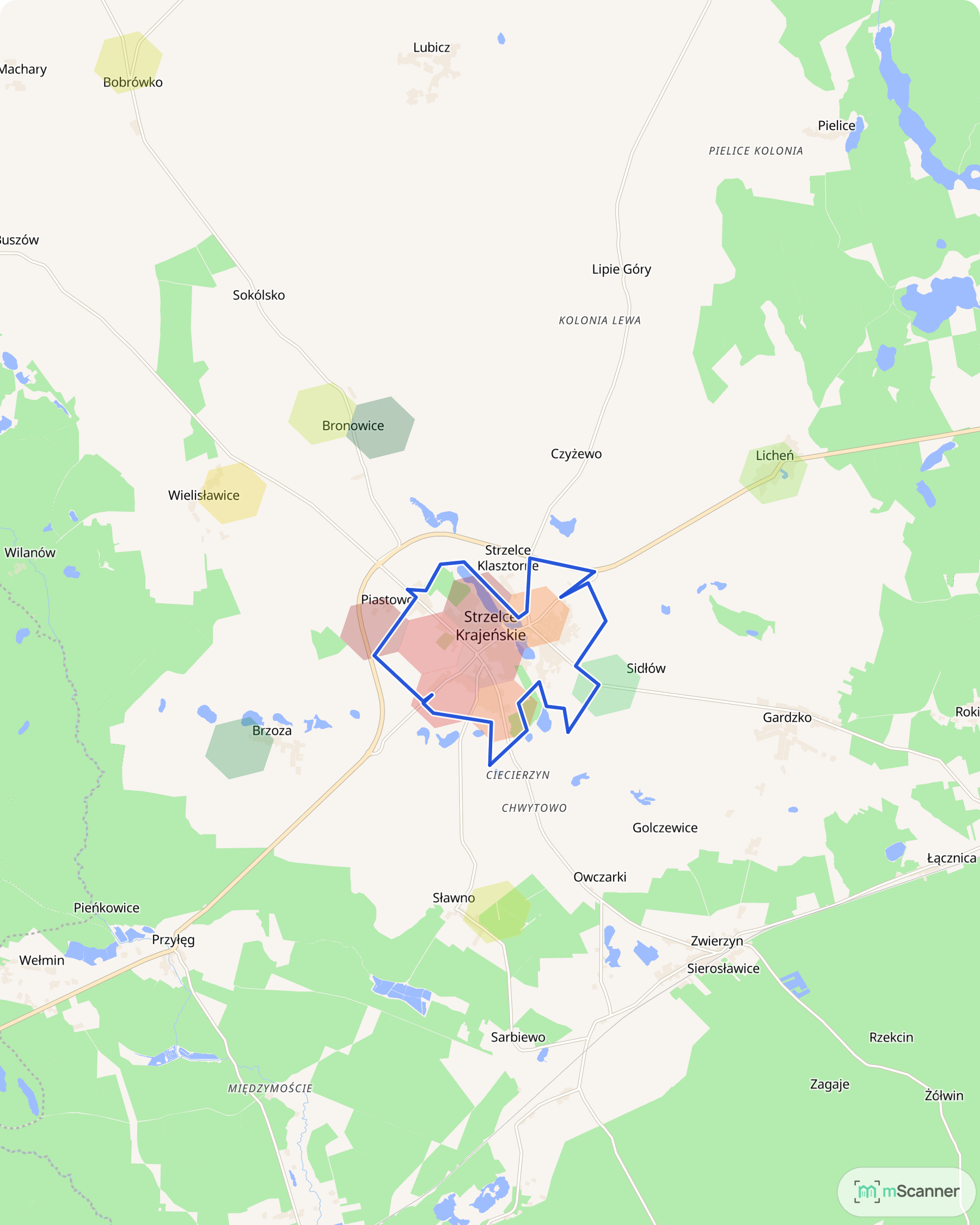 Mapa cen transakcyjnych mieszkań w Strzelcach Krajeńskich, z niebieskim obrysem granic gminy i kolorowymi polami cen skupionymi w zabudowanej części miasta.