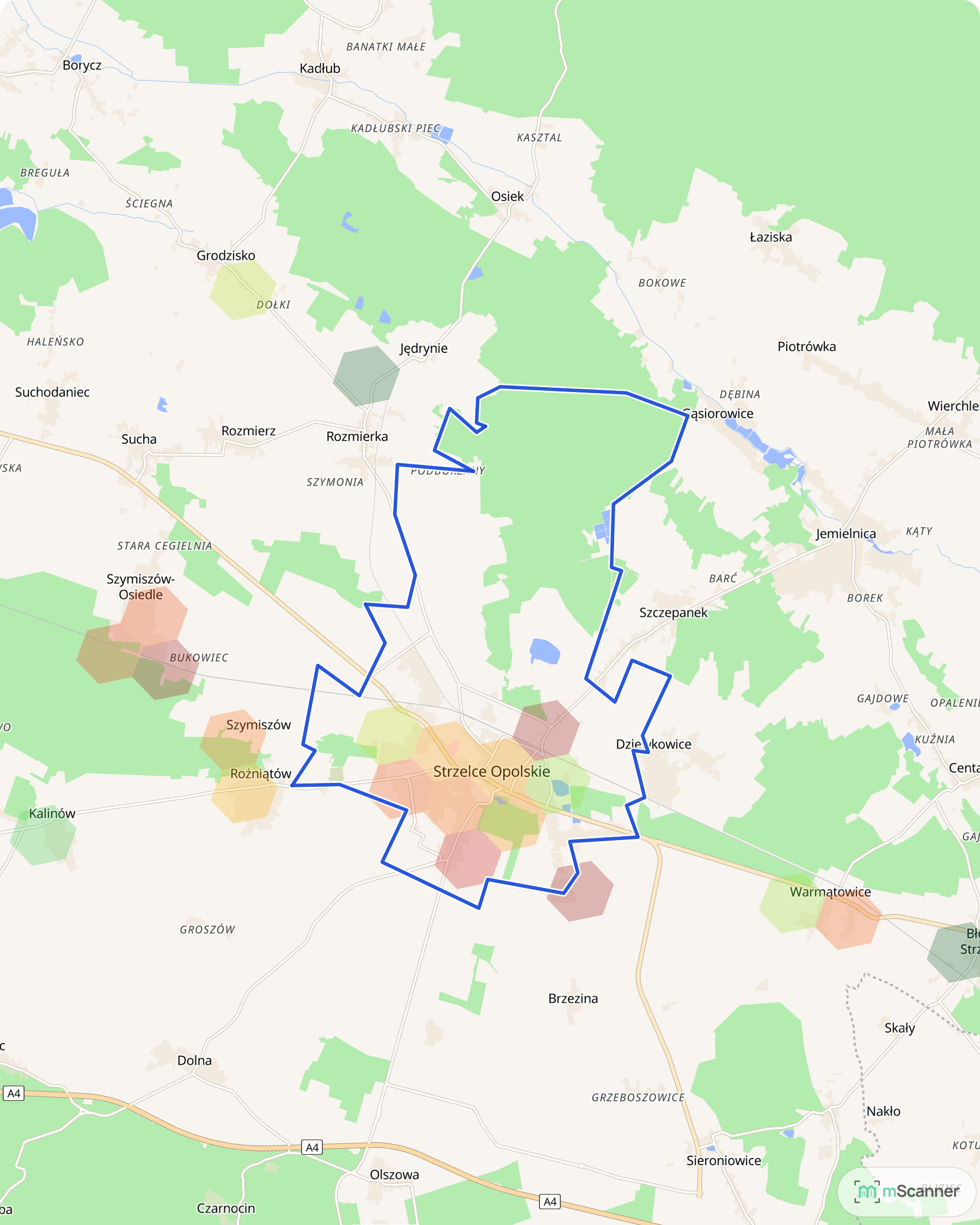 Mapa cen transakcyjnych mieszkań w Strzelcach Opolskich, z niebieskim obrysem granic gminy i sześciokątnymi polami cen skupionymi w samym mieście.
