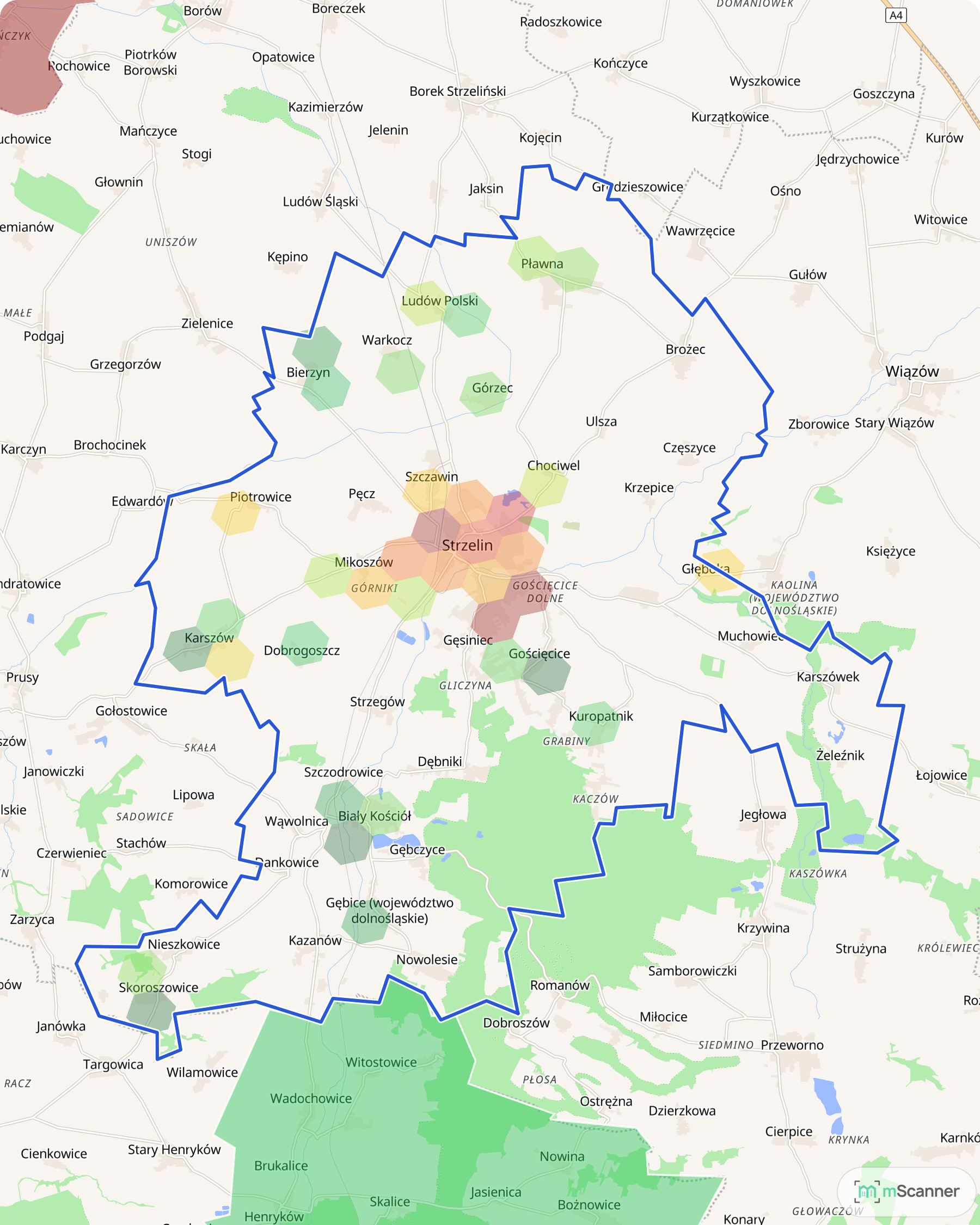 Mapa cen transakcyjnych mieszkań w gminie Strzelin, z niebieskim obrysem granic i kolorowanymi obszarami cen.
