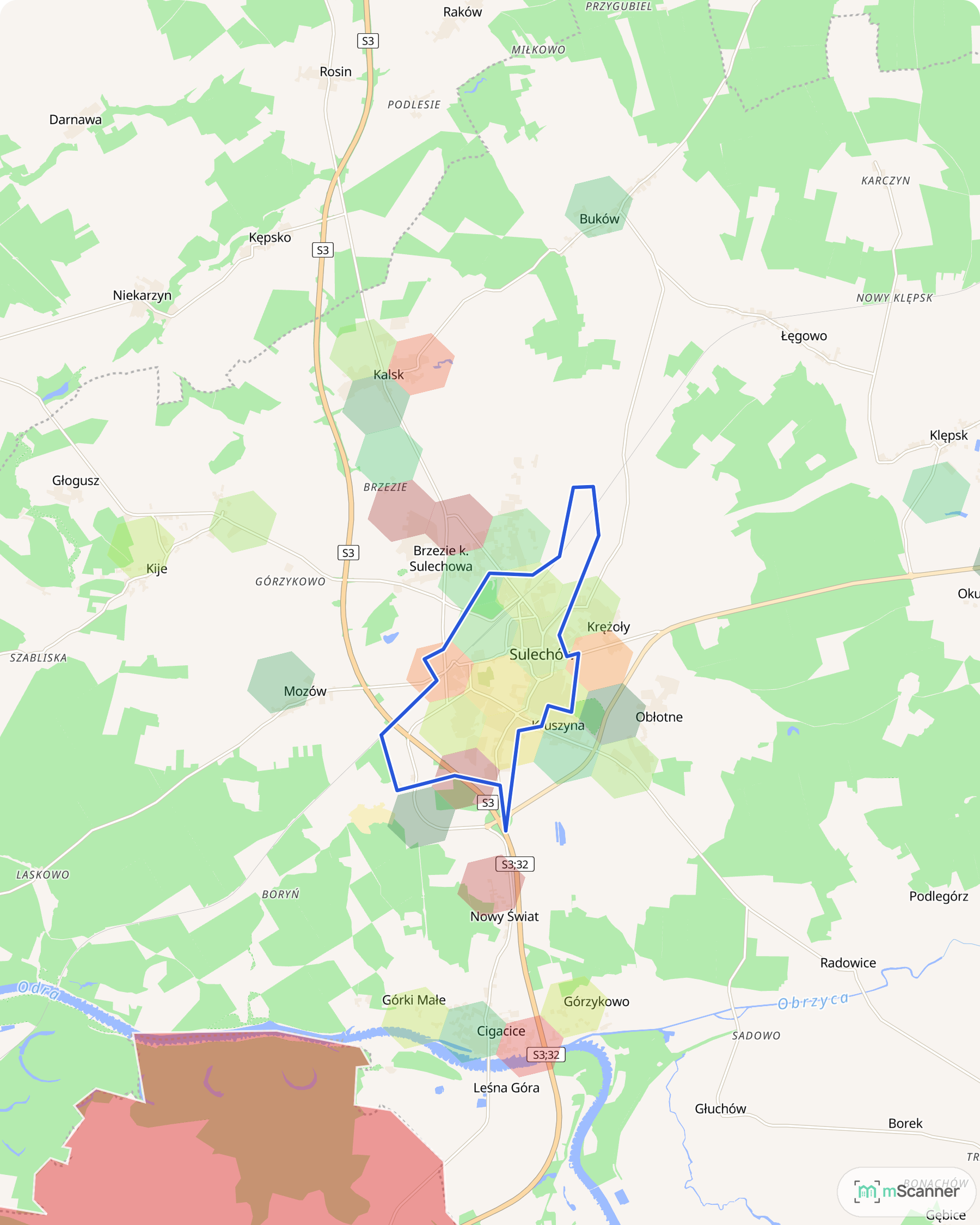 Mapa cen transakcyjnych mieszkań w Sulechowie, z niebieskim obrysem granic gminy i kolorowymi polami cen skupionymi w zabudowanej części miasta.