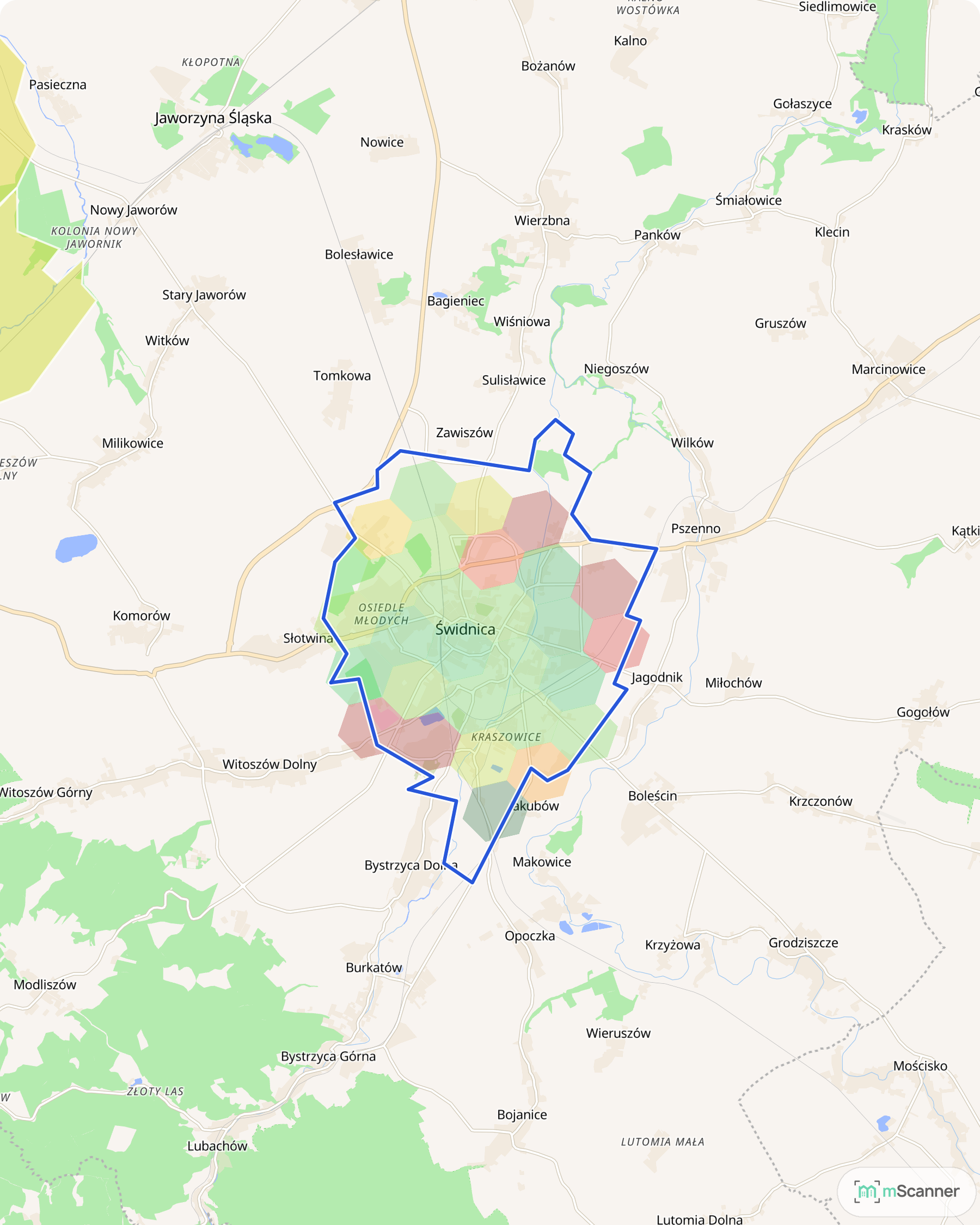 Mapa cen transakcyjnych mieszkań w Świdnicy, z niebieskim obrysem granic i kolorowanymi obszarami cen.