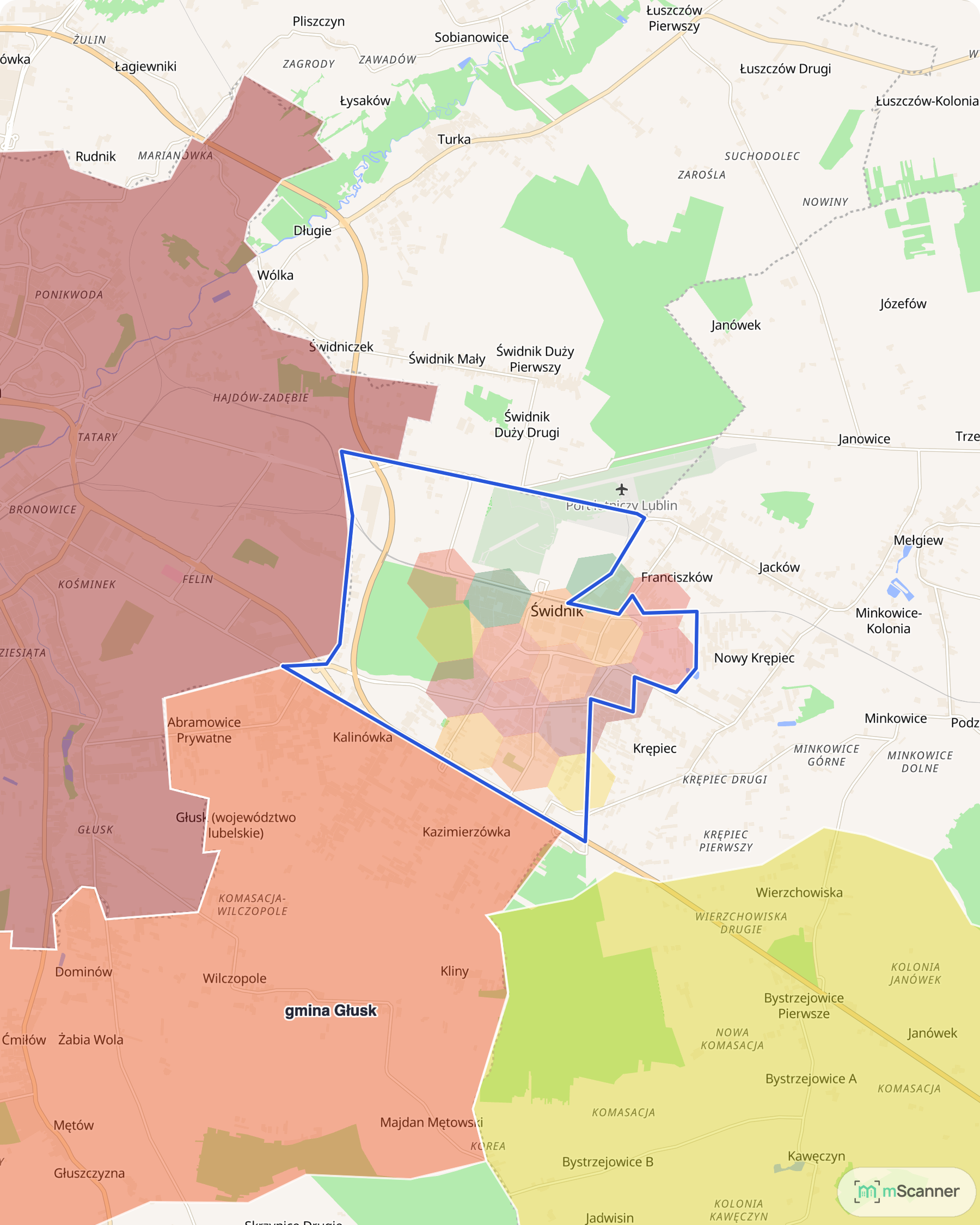 Mapa cen transakcyjnych mieszkań w Świdniku, z niebieskim obrysem granic miasta i kolorowymi polami cen skupionymi w zabudowanej części miasta.
