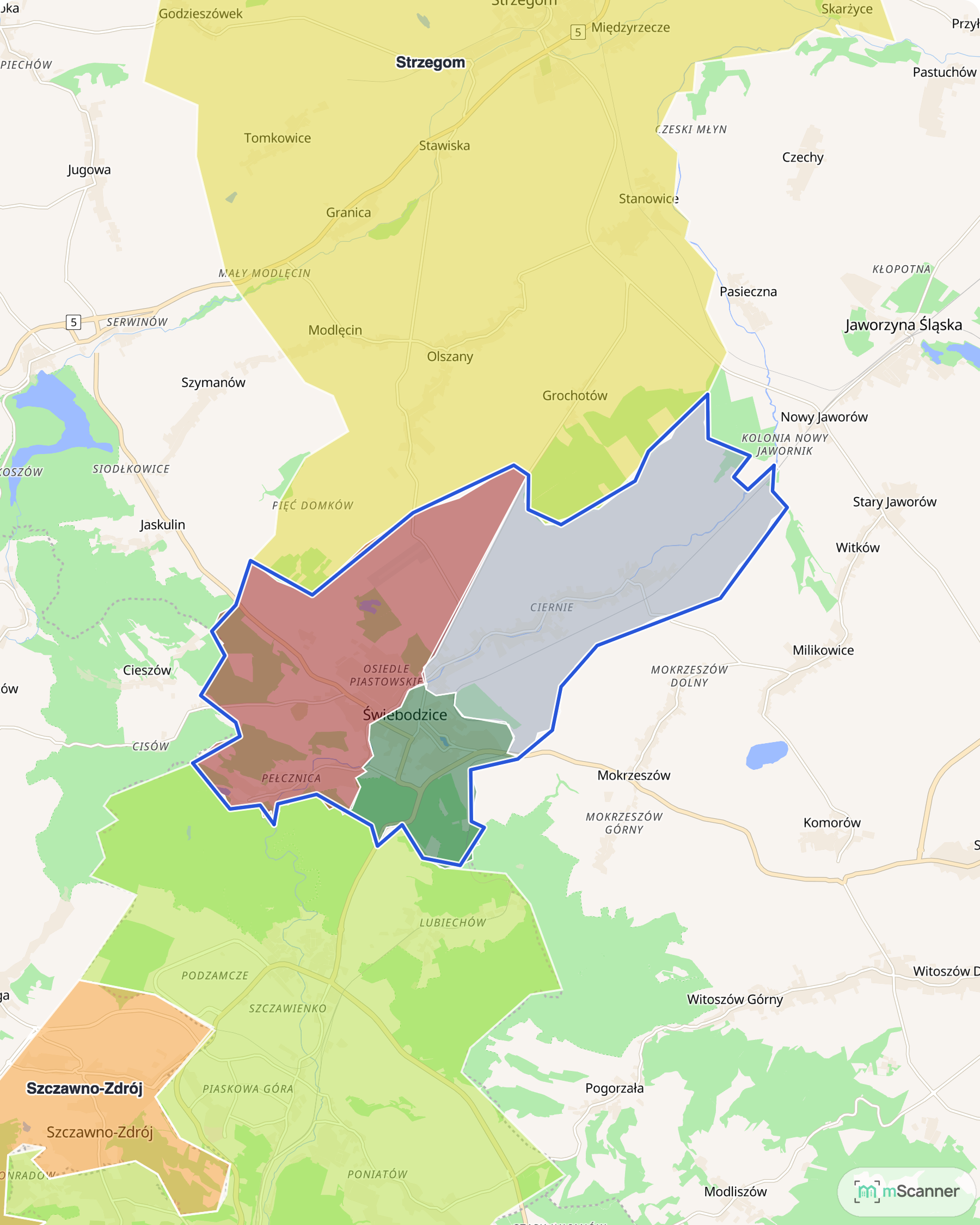 Mapa cen transakcyjnych mieszkań w Świebodzicach, z niebieskim obrysem granic i kolorowanymi obszarami cen.