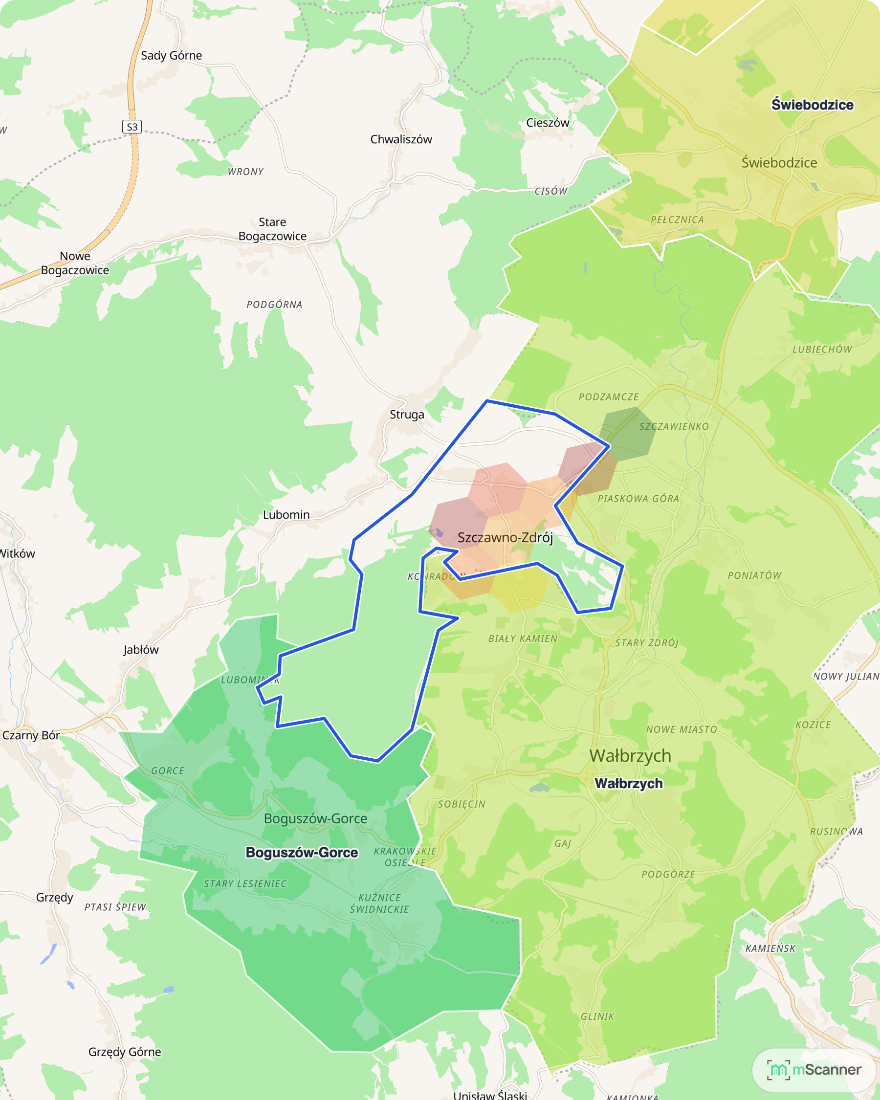 Mapa cen transakcyjnych mieszkań w Szczawnie-Zdroju, z niebieskim obrysem granic i kolorowanymi obszarami cen.