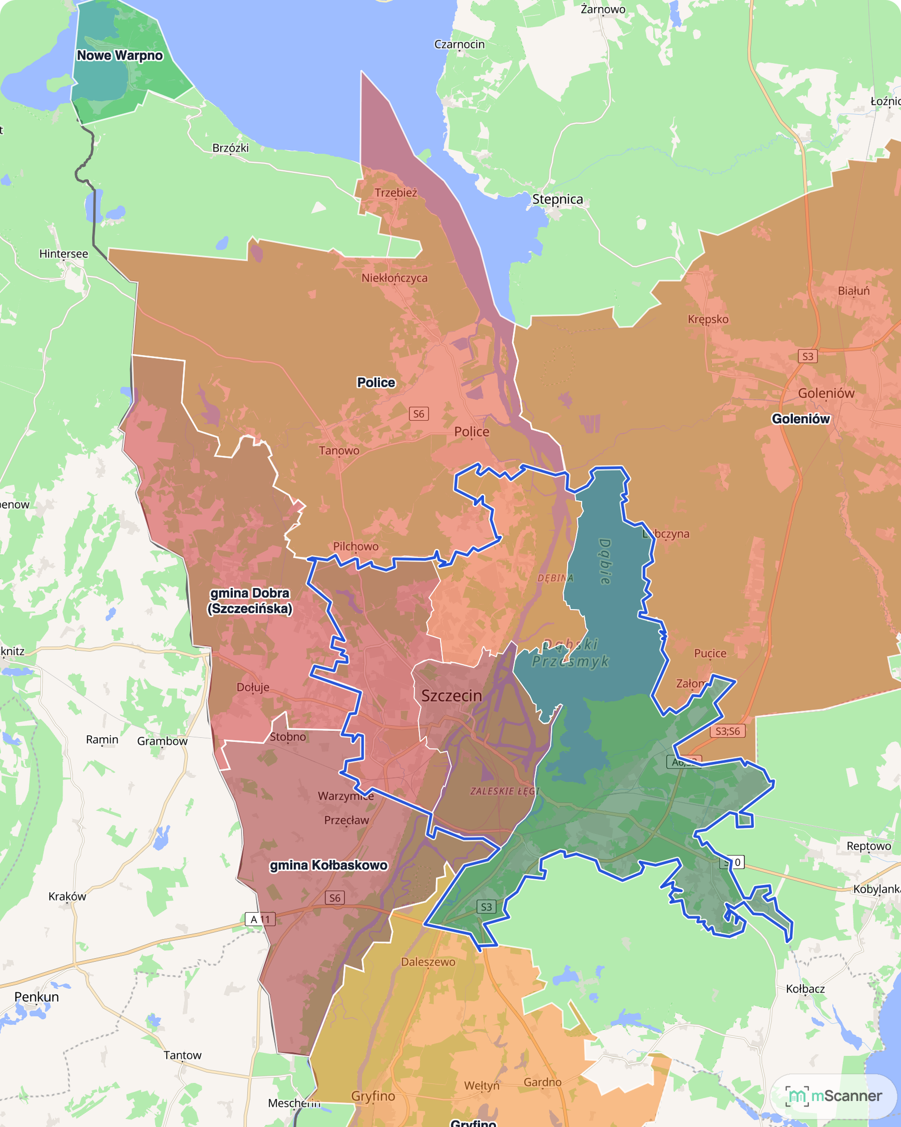 Mapa cen transakcyjnych mieszkań w Szczecinie i gminach obwarzanka, z niebieskim obrysem granic i kolorowanymi obszarami cen.
