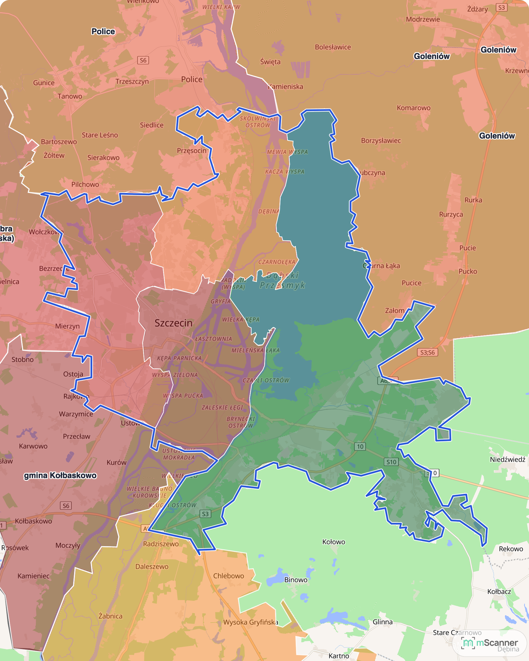Mapa cen transakcyjnych mieszkań w Szczecinie, z niebieskim obrysem granic i kolorowanymi obszarami cen.