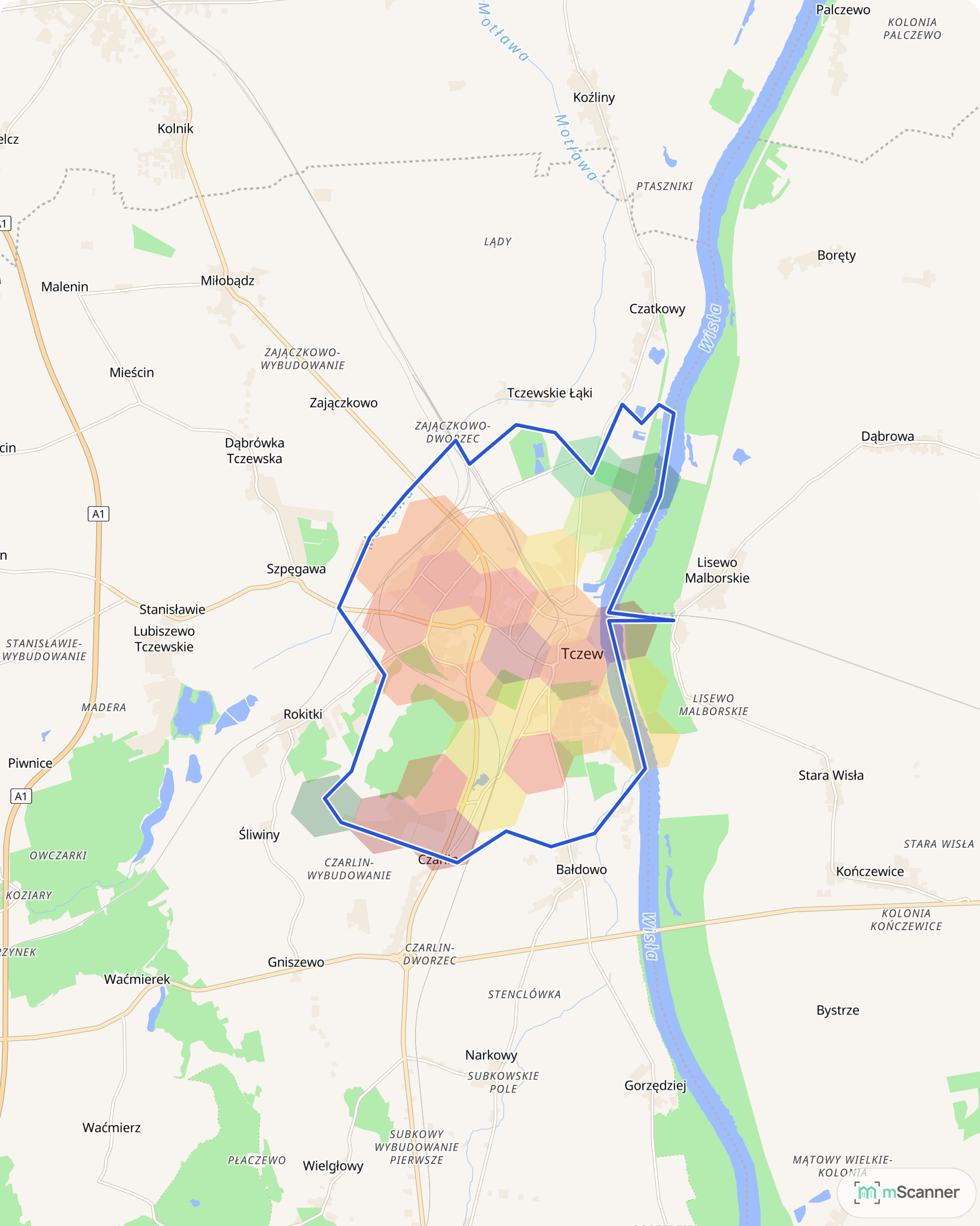 Mapa Tczewa z niebieską granicą administracyjną miasta i siatką sześciokątów pokolorowanych według mediany ceny transakcyjnej, nad Wisłą