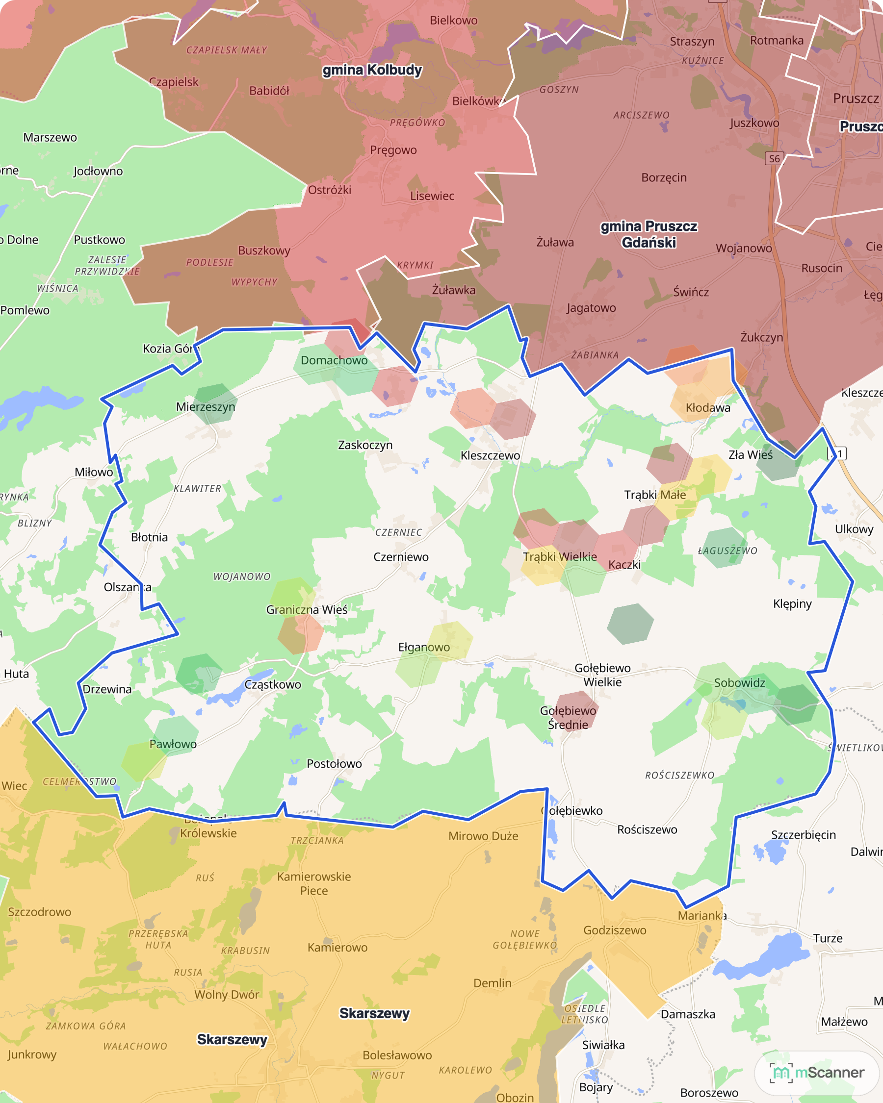Mapa gminy Trąbki Wielkie z niebieską granicą administracyjną i siatką sześciokątów pokolorowanych według mediany ceny transakcyjnej, na południe od Gdańska