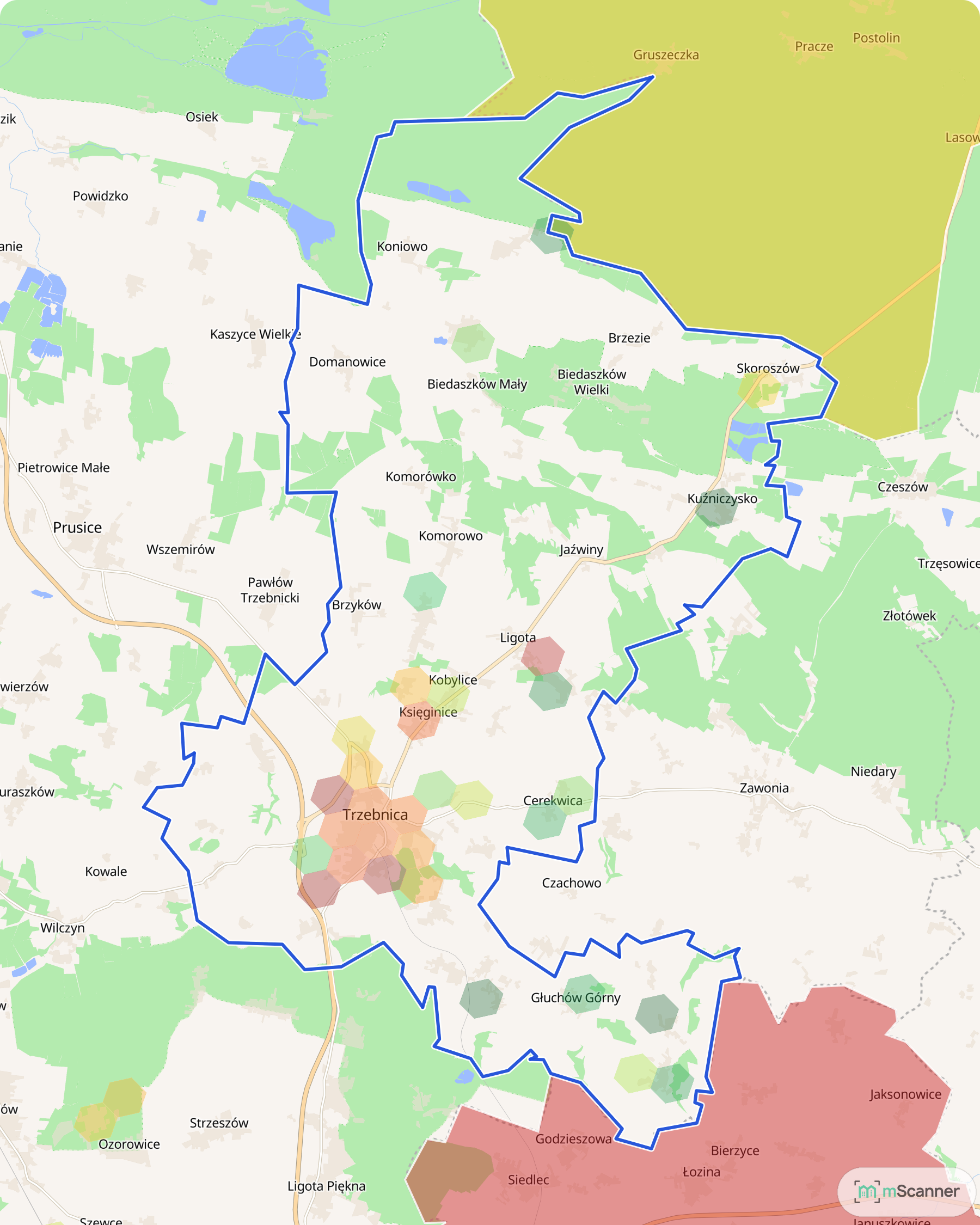 Mapa cen transakcyjnych mieszkań w gminie Trzebnica, z niebieskim obrysem granic i kolorowanymi obszarami cen.
