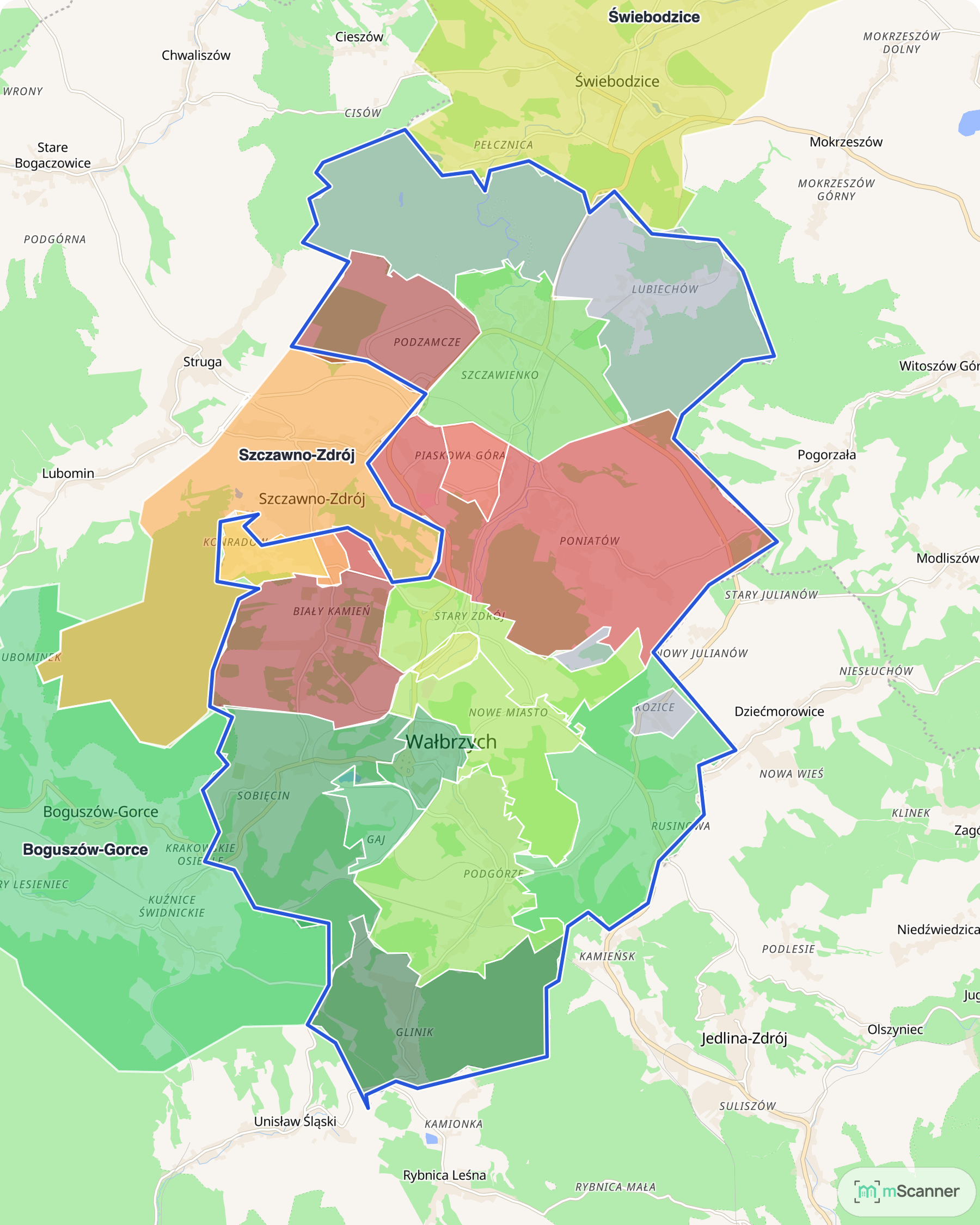 Mapa cen transakcyjnych mieszkań w Wałbrzychu, z niebieskim obrysem granic i kolorowanymi obszarami cen.