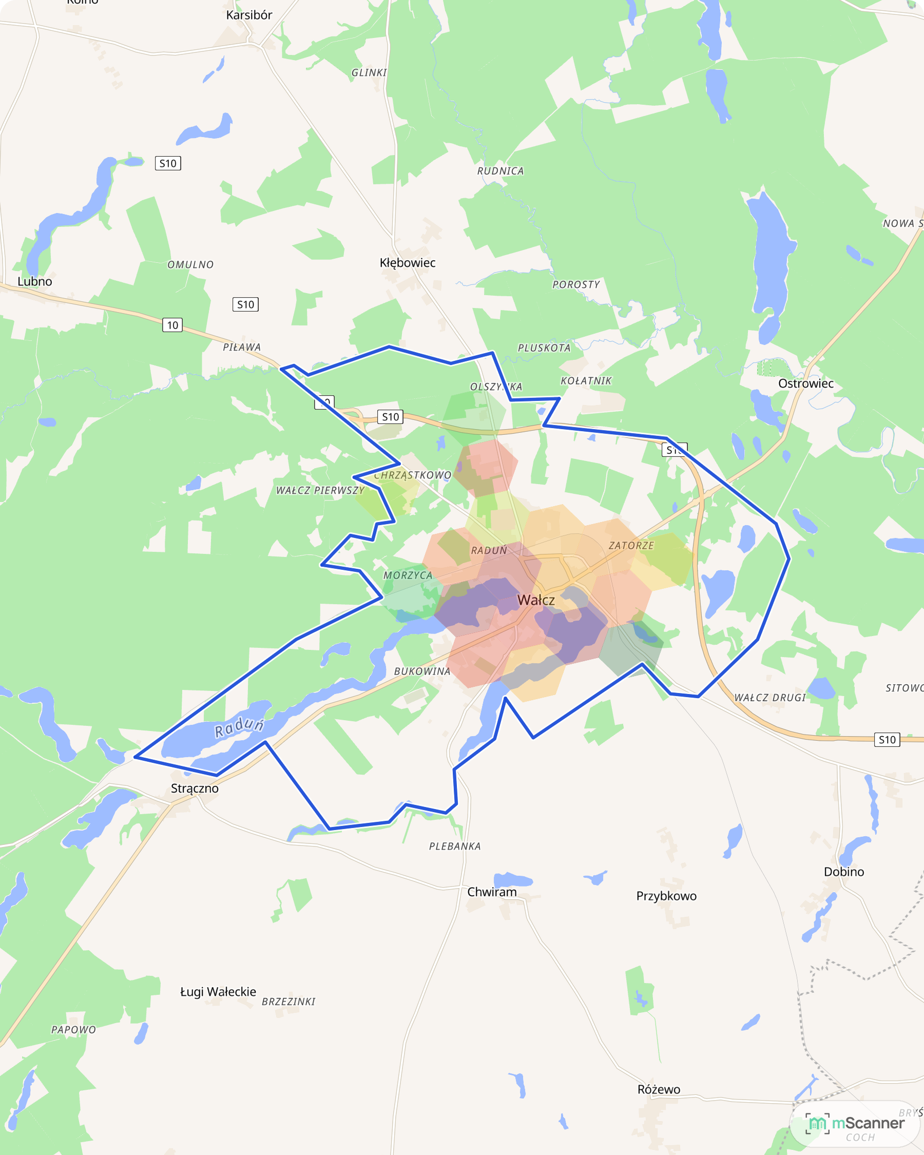 Mapa cen transakcyjnych mieszkań w Wałczu, z niebieskim obrysem granic i kolorowanymi obszarami cen.