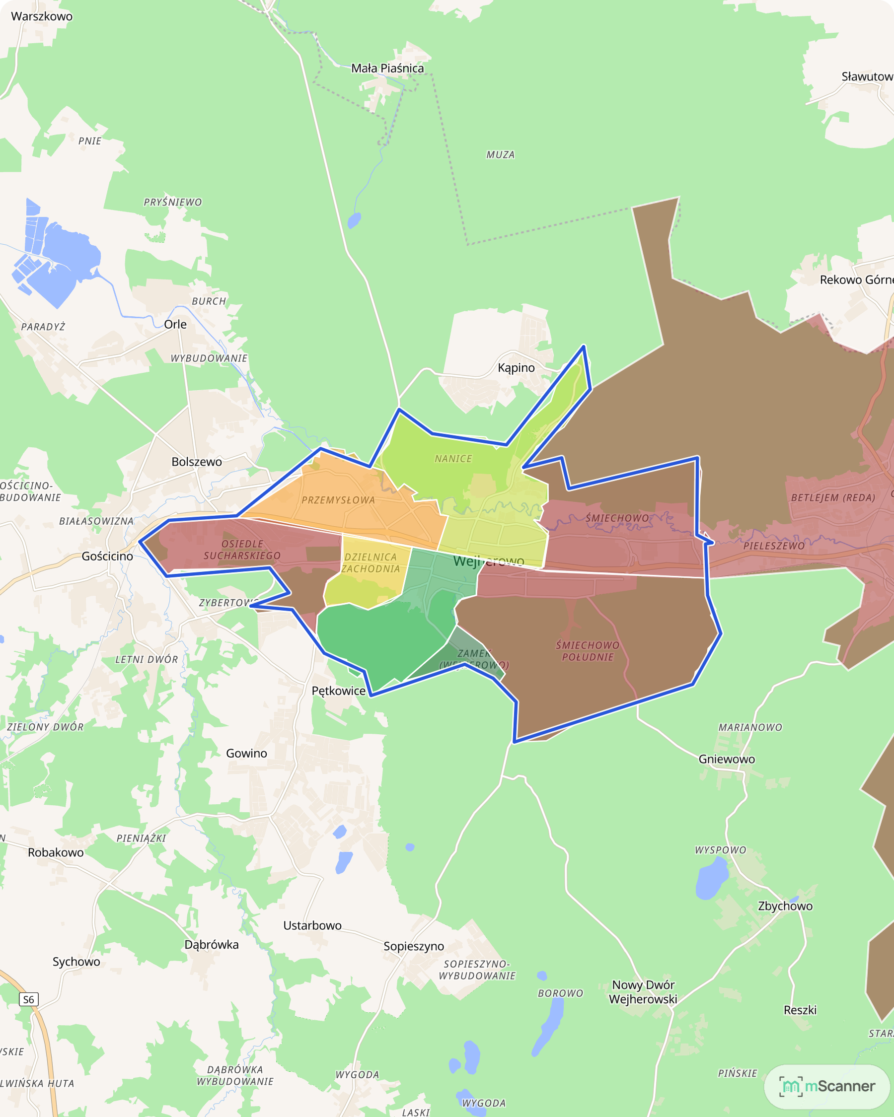 Mapa Wejherowa z niebieską granicą administracyjną miasta i obszarami pokolorowanymi według mediany ceny transakcyjnej, w dolinie Redy między wzgórzami