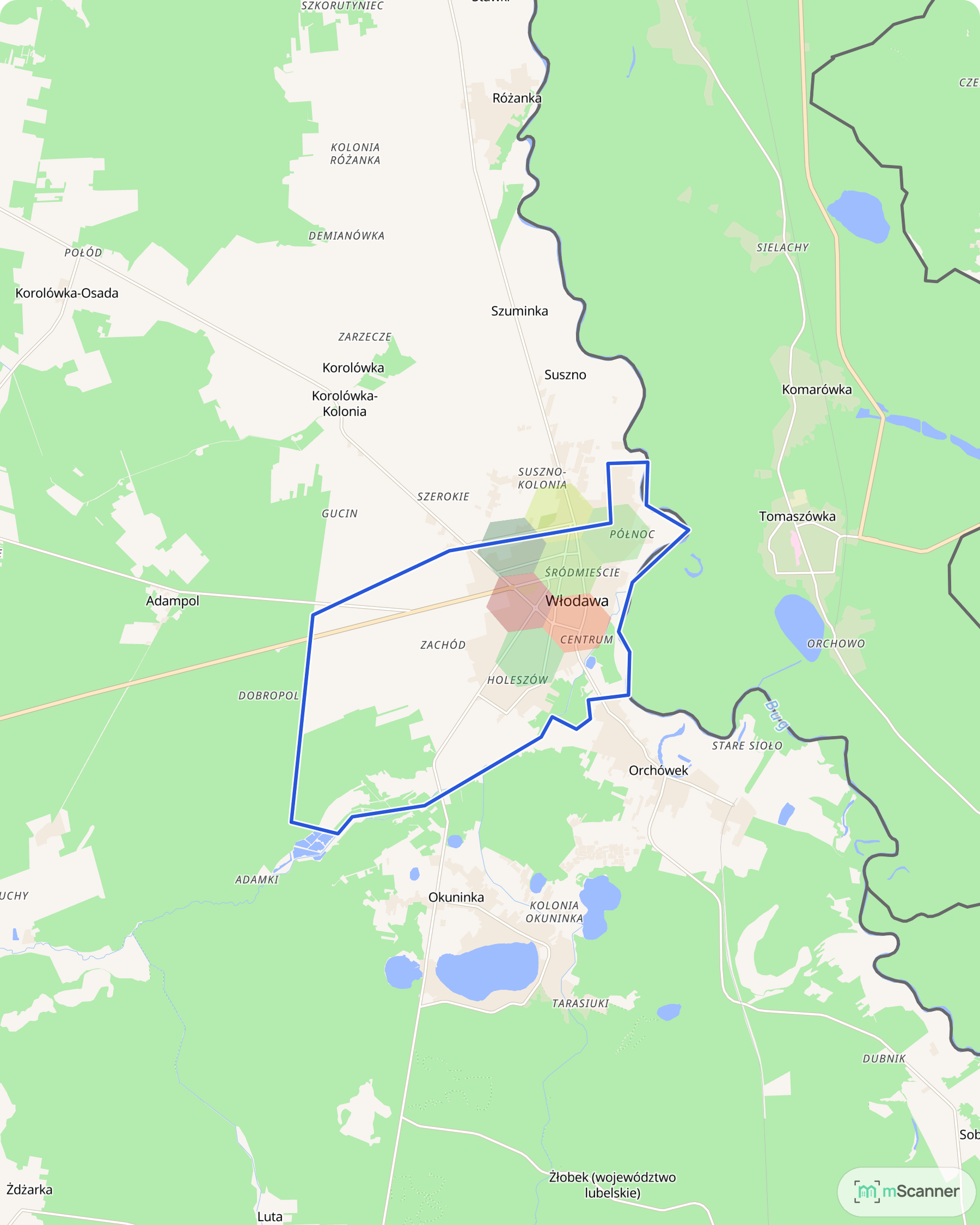 Mapa cen transakcyjnych mieszkań we Włodawie, z niebieskim obrysem granic miasta i kolorowymi polami cen skupionymi w zabudowanej części miasta.