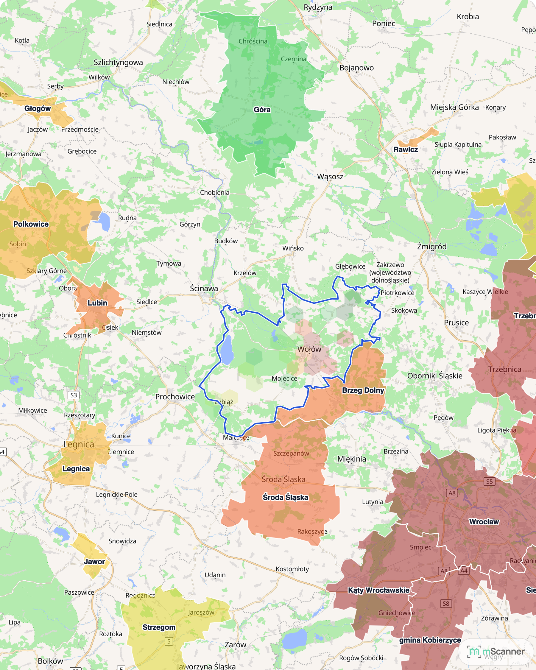 Mapa cen transakcyjnych mieszkań na północy Dolnego Śląska, z niebieskim obrysem granic i kolorowanymi obszarami cen.