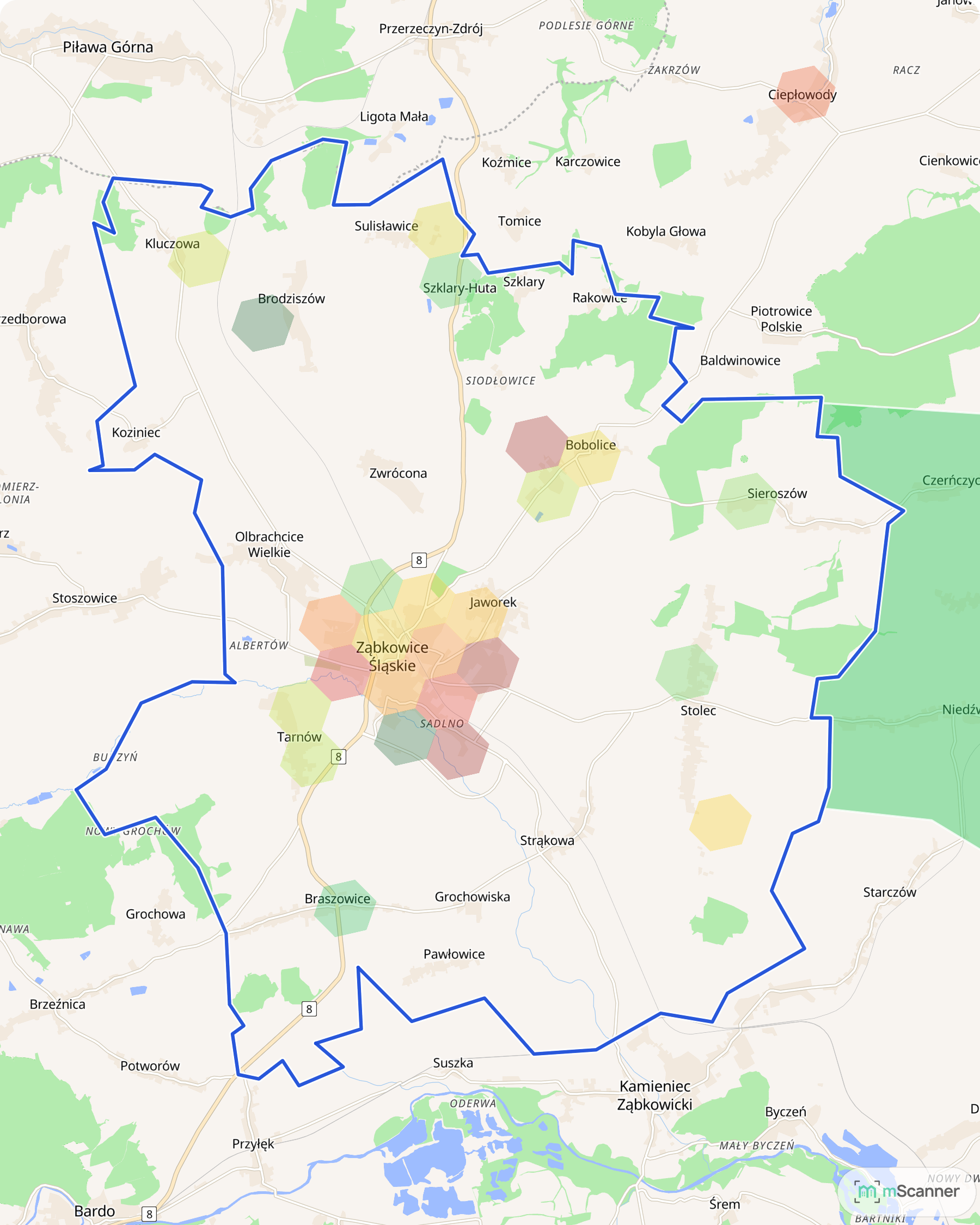 Mapa cen transakcyjnych mieszkań w gminie Ząbkowice Śląskie, z niebieskim obrysem granic i kolorowanymi obszarami cen.