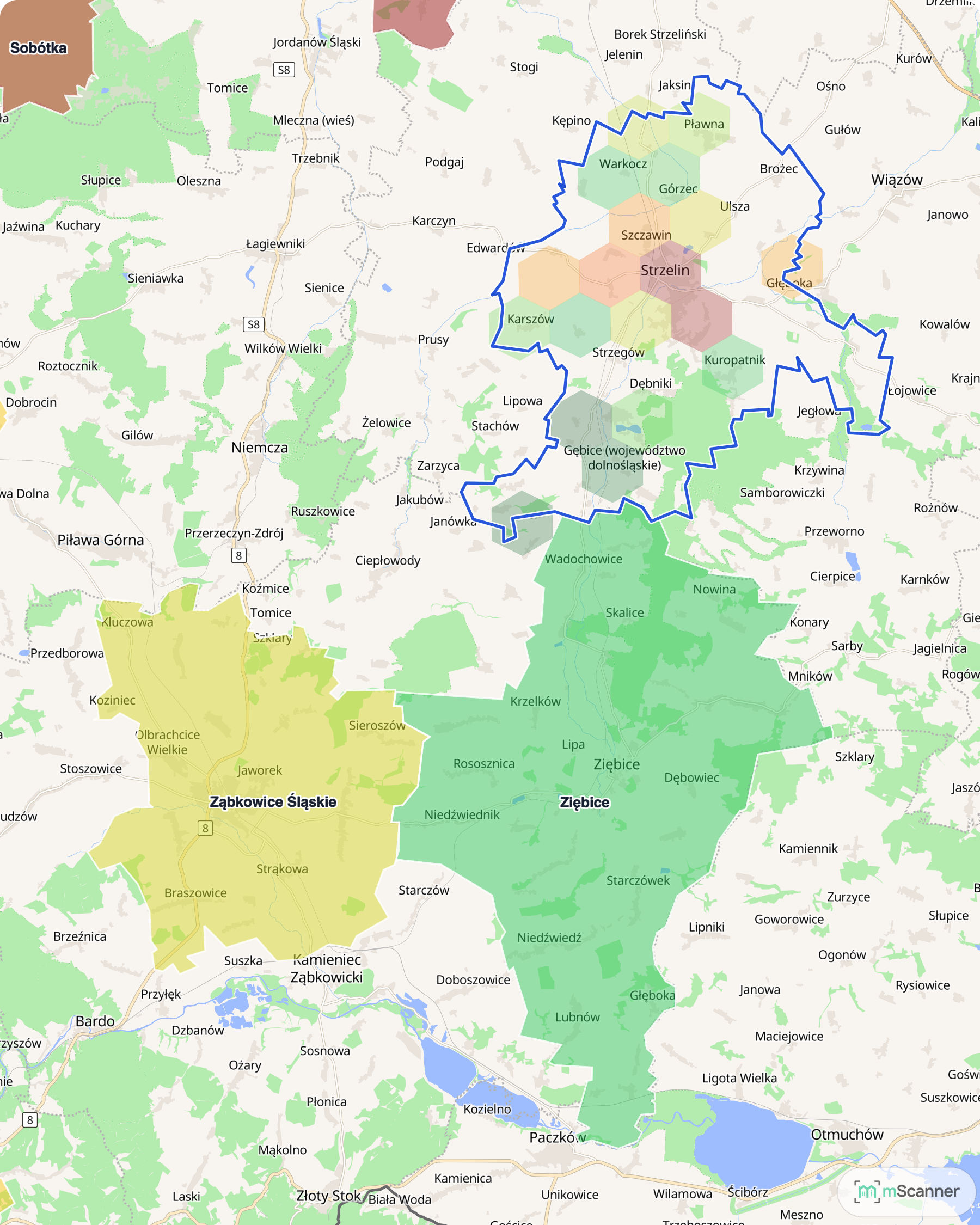 Mapa cen transakcyjnych mieszkań w Ząbkowicach Śląskich, Ziębicach i Strzelinie, z niebieskim obrysem granic i kolorowanymi obszarami cen.