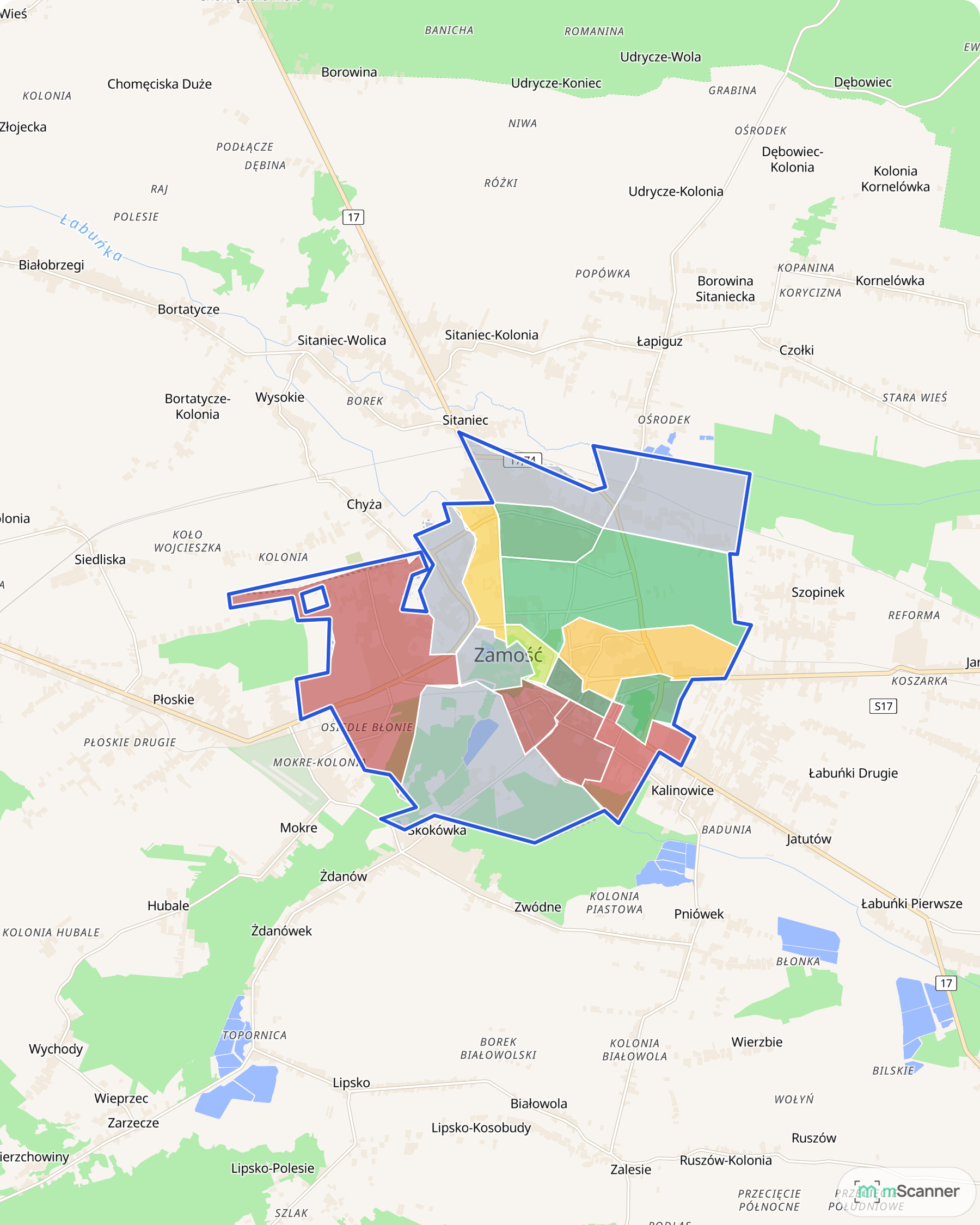 Mapa cen transakcyjnych mieszkań w Zamościu, z niebieskim obrysem granic miasta i kolorowanymi obszarami cen w 16 osiedlach.