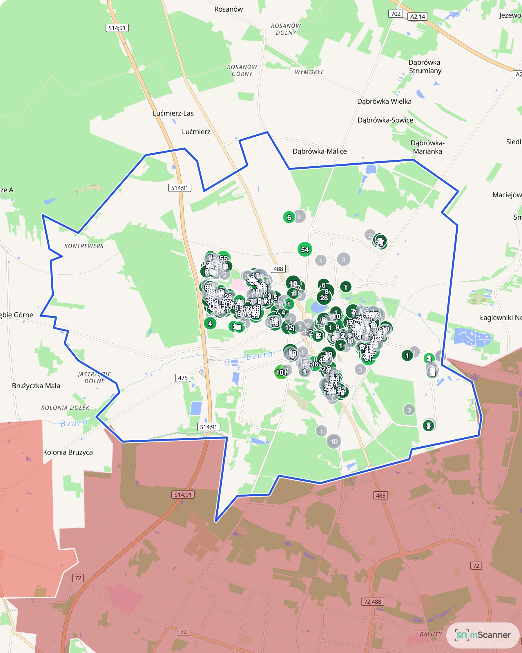 Mapa cen transakcyjnych mieszkań w Zgierzu z niebieskim obrysem granic miasta, w środku skupiska transakcji z liczbą aktów przy poszczególnych budynkach